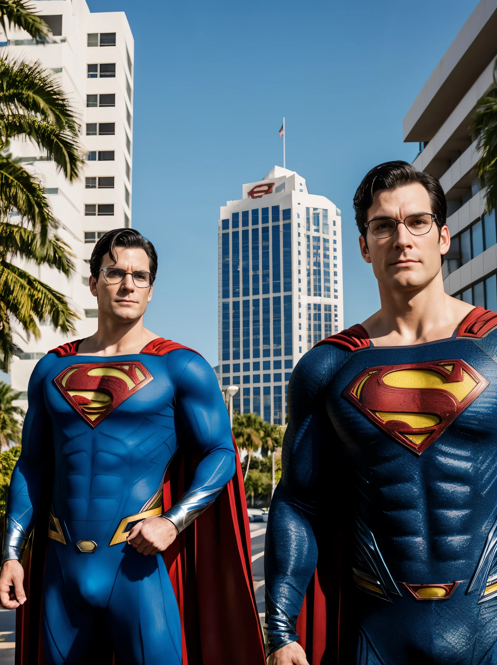 Superman and punisher portrait photo of a superman wearing glasses and superman suit with blue shirt, shooting a gun in the parking lot with the miami office building and palm trees in the background, high quality, very sharp, professional photography