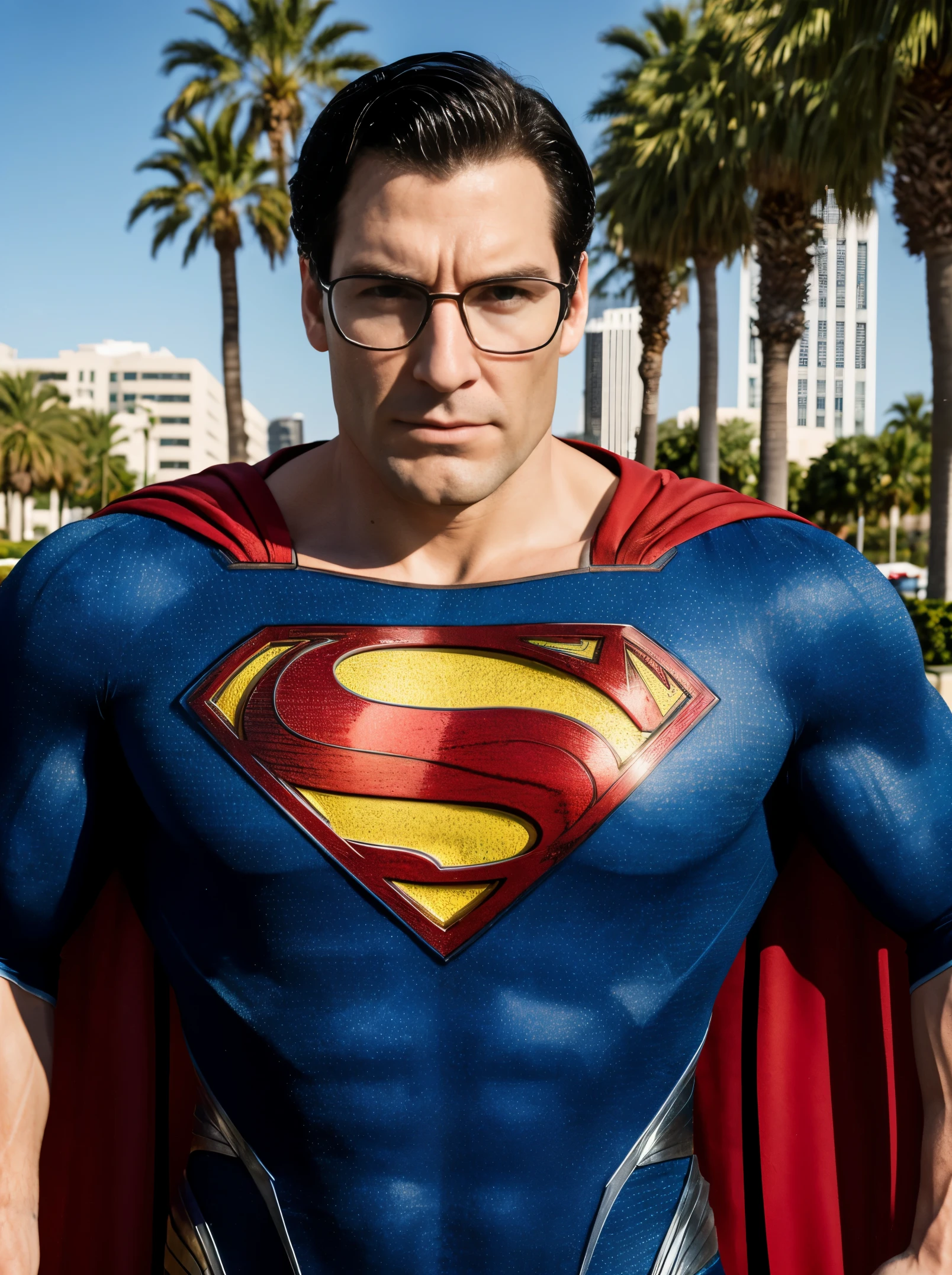 Superman and punisher portrait photo of a superman wearing glasses and superman suit with blue shirt, shooting a gun in the parking lot with the miami office building and palm trees in the background, high quality, very sharp, professional photography