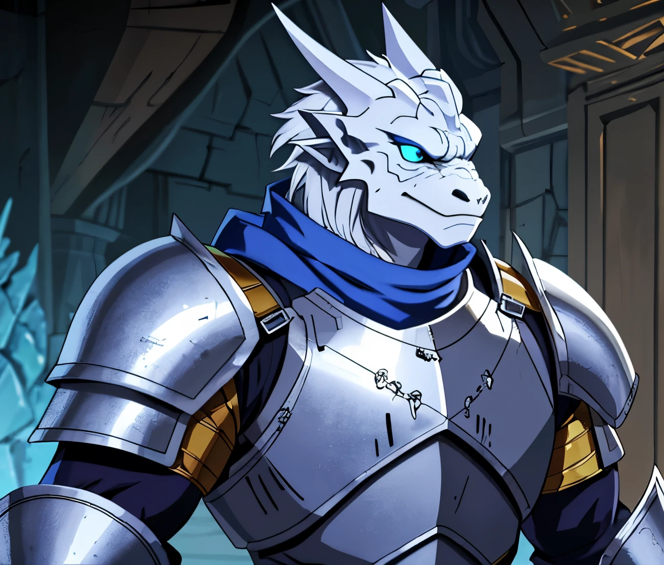 Anthro, dragon, blue knight’s armor, white scales, scar over right eye, bara.