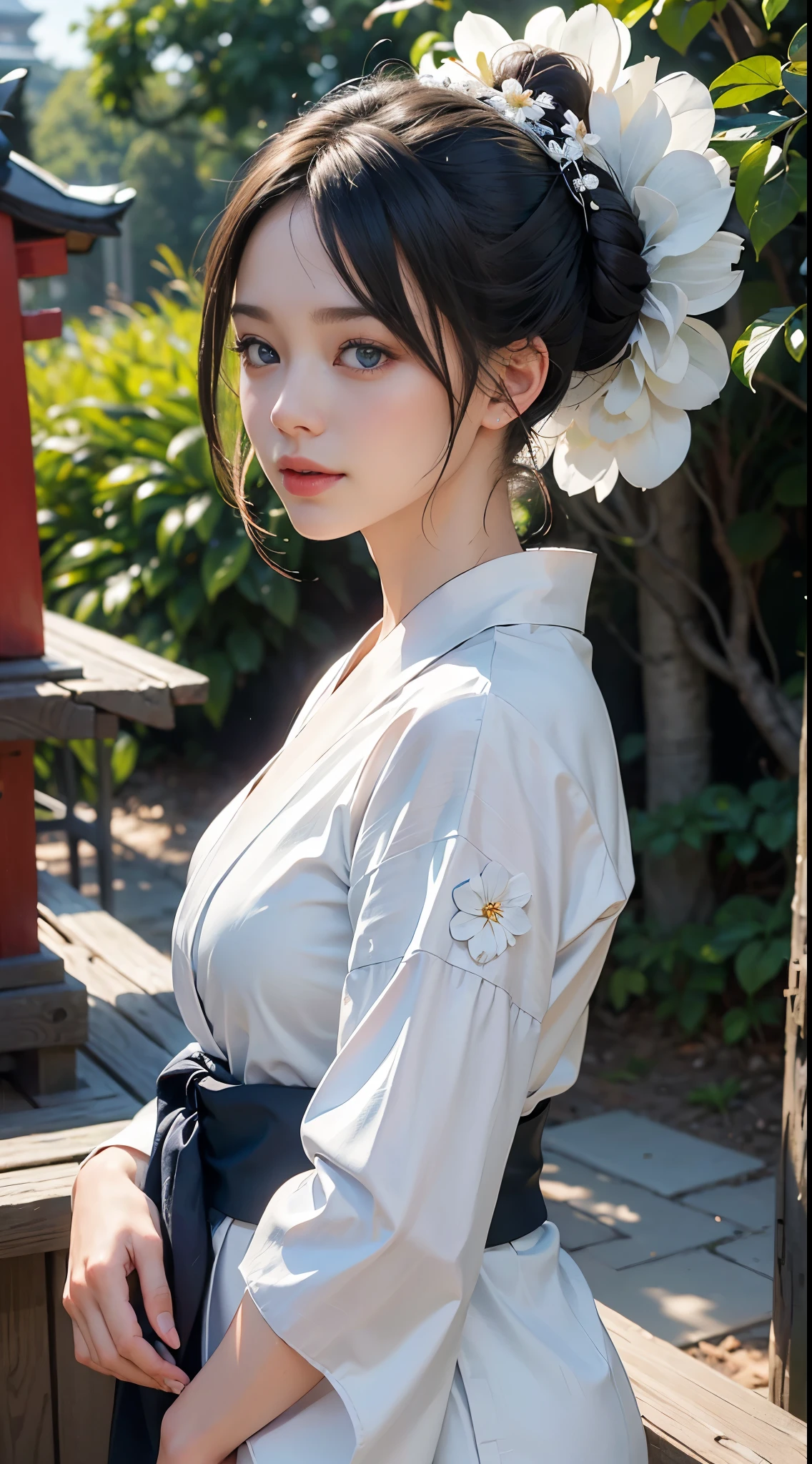 ((top-quality)), ((masterpiece)), (detaileds:1.4)、in 8K、ultra detailed highres high-resolution HDR RAW best qualtiy,full body sface focus,(goodbye waving),Soft light, smile,peal skin,wetted skin(depth of fields),超A high resolution,RAW Photos,blue eyes kimono(white yukata Flower) pony tail dark brown hair Hairpin holding Fan background Torii Shrine