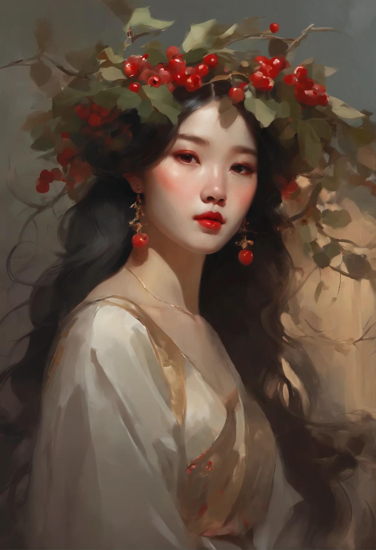 painting of a young girl with horns and a wreath of berries, jinyoung shin art, beautiful character painting, artwork in the style of guweiz, guweiz masterpiece, guweiz, Zhang Han, Li Song, Ye Xin, Yang J, by Zeng Jing, Wuzhong Shifan, In the style of Anna Dittmann