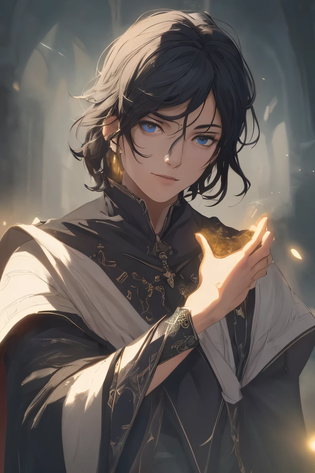 (best quality,4k,8k,highres,masterpiece:1.2),ultra-detailed,(realistic,photorealistic,photo-realistic:1.37),male mage,short black hair,blue eyes,close up face,detailed facial features,expressive eyes,sharp gaze,calm expression,flowing robe,sparkling magical aura,dark and mystical atmosphere,eerie shadows,mysterious background,studio lighting,slight blur for artistic effect,vibrant colors,warm tones,luminous highlights,natural light