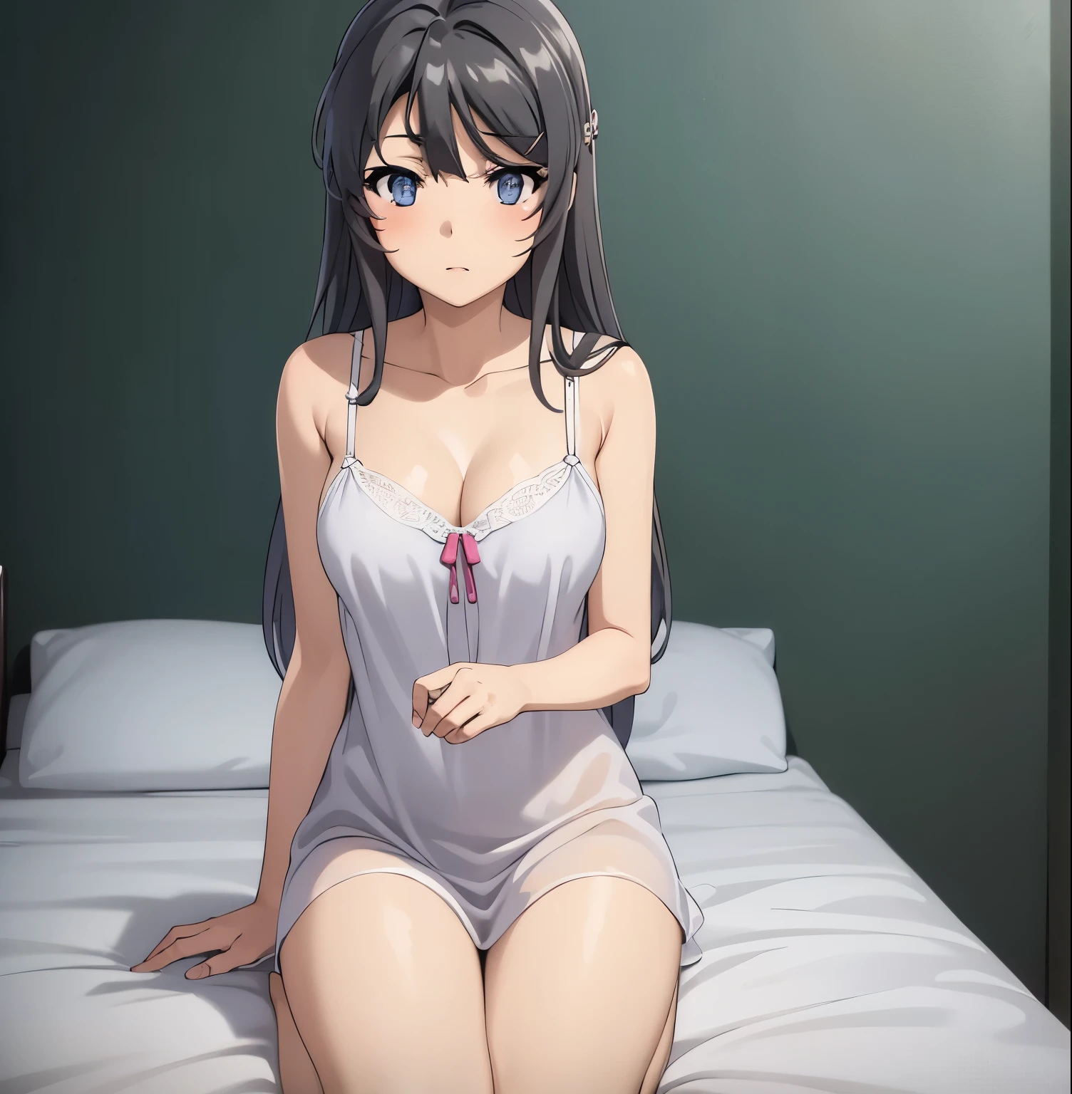 ((best quality, highres, UHD, 8k wallpaper, extremely detailed, perfect pixel, perfect anatomy)), ((anime smooth CG, skin texture:1.2)), 1sakurajimamai, anime character, 2d, sketch art, one anime woman, sad, blushing, embrassed, black hair, busty, medium breasts, cleavage, POV, close up, looking at viewer, ((nightgown, dress)), (detailed eyes, beautiful eyes), (indoor, bedroom)