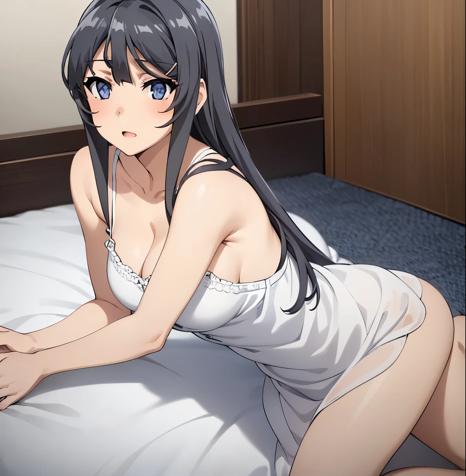 ((best quality, highres, UHD, 8k wallpaper, extremely detailed, perfect pixel, perfect anatomy)), ((anime smooth CG, skin texture:1.2)), 1sakurajimamai, anime character, 2d, sketch art, one anime woman, sad, blushing, embrassed, black hair, busty, medium breasts, cleavage, POV, close up, looking at viewer, ((nightgown, dress)), (detailed eyes, beautiful eyes), (indoor, bedroom)