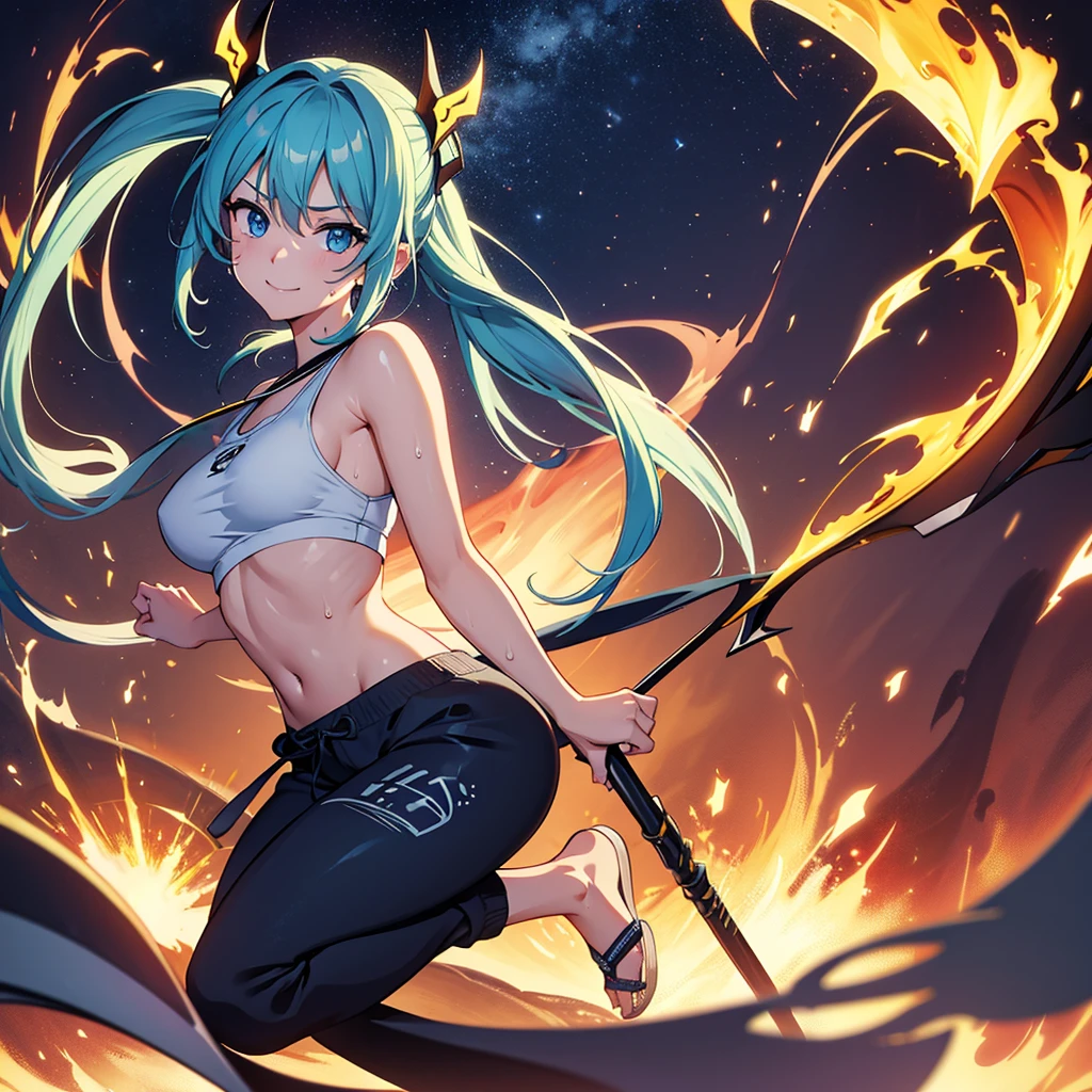 (absurderes、hight resolution、ultra-detailliert)、masterpiece、top-quality、Girl with a scythe、独奏、miku hatsune、Twin-tailed、blue eyess、ear piercinginely eye and detailed face、((Joggers、sweat pant、sandal))、Sickle design、Complex scythe、Fantasy scythe、evil smile、Dramatic skies、Isolated land、looking-down、spark of light、whirlpool、Um ser celestial、Full of elements, 2 legs, 2 arms, 5 fingers,