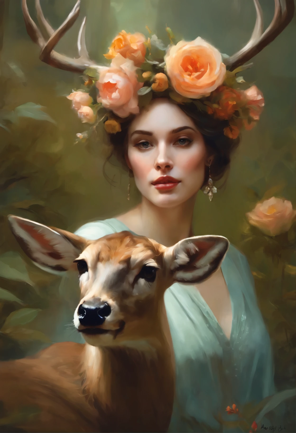 painting of a woman with a deer and a flower crown, magali villeneuve', In the style of Anna Dittmann, magali villeneuve and monet, beautiful character painting, Heather Theurer, Ghibli Tom Bagshaw, artwork in the style of guweiz, Adi Granov, jinyoung shin art, Ye Xin, Annie Stegg Gerard