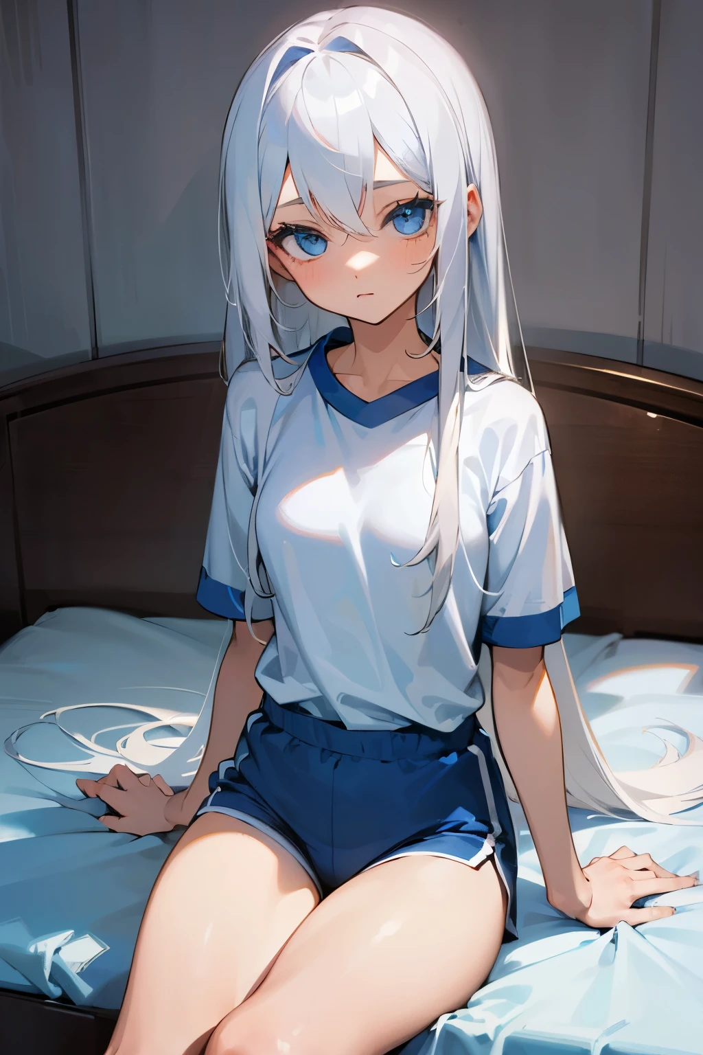 Anime girl, long white hair, beautiful blue eyes, laying on her bed, bare legs, fair skin, wearing a blue shark hoodie, wearing white panties underneath the hoodie, 8k, high resolution