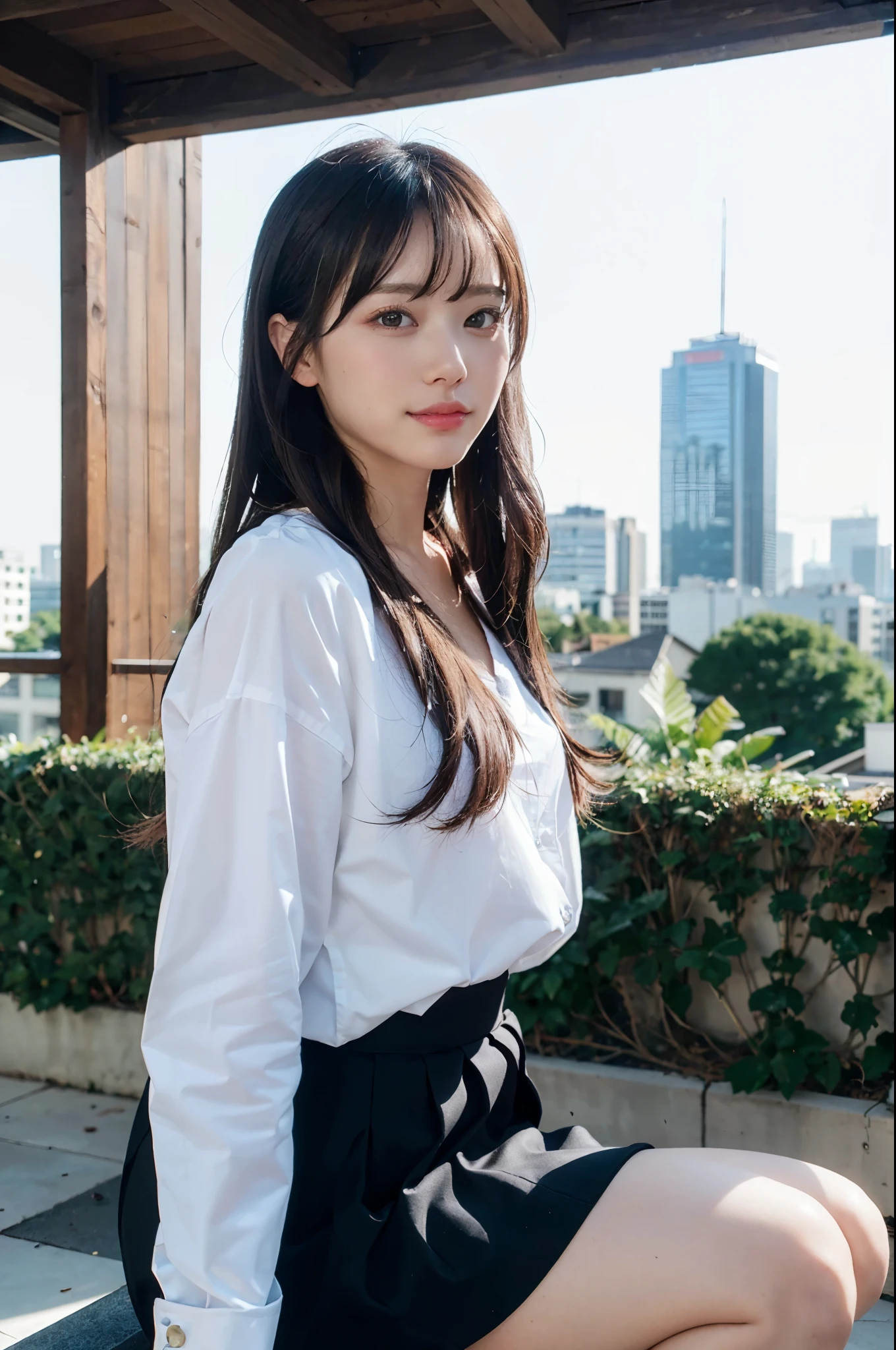 hight resolution,Ultras?-?Detailed,(1girll:1.3),(1.5),(Good 1.5),(Ultras short skirt 1.5)Create a rooftop view in settings,Panoramic city views。
