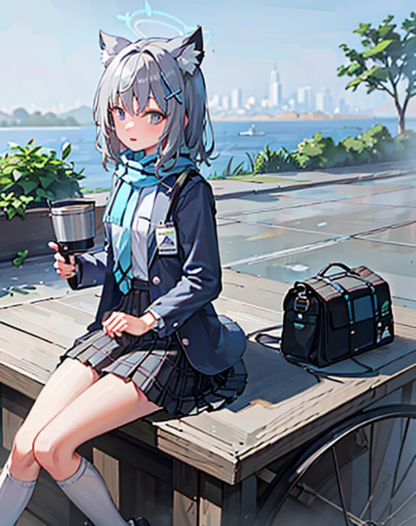 1 girl, Alone, shiroko (bluearchive), Animal ear, a skirt, 围巾, eBlue eyes, jaket, The shirt, white sockes, sockes, tartan a skirt, Animal ear hair, The halo, white The shirt, looking at viewert, Open your clothes, Bao, hair adornments, footwear, blue scarf, tiese, Outdoor activities, By bangs, pleated a skirt, open jaket, tartan, with gray hair, 校服, railing, longer sleeves, cross hair adornments, shoulder Bao, The shirt tucked in, blue tiese, knee length socks, black a skirt, hair between eye, extra ears, Student does not match, blue jaket, school Bao, black Bao, blazer jacket, 运动footwear, There are striped ones, Keep your mouth shut, pocket, Cat ears, There are striped ones 围巾, Tassel decoration, Medium hair,(((with gray hair))),(((eBlue eyes))), Permanent, guns,