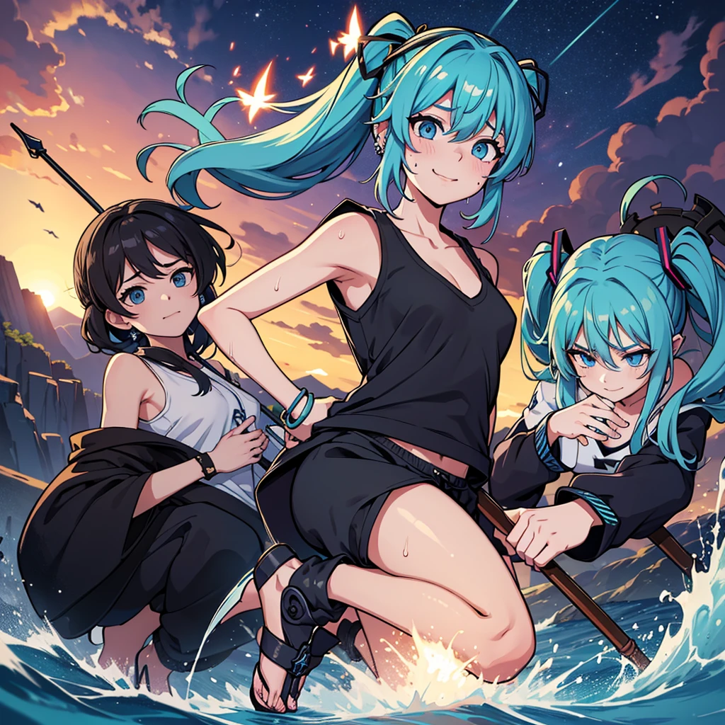 (absurderes、hight resolution、ultra-detailliert)、masterpiece、top-quality、Girl with a scythe、独奏、miku hatsune、Twin-tailed、blue eyess、ear piercinginely eye and detailed face、((Joggers、sweat pant、sandal))、Sickle design、Complex scythe、Fantasy scythe、evil smile、Dramatic skies、Isolated land、looking-down、spark of light、whirlpool、Um ser celestial、Full of elements