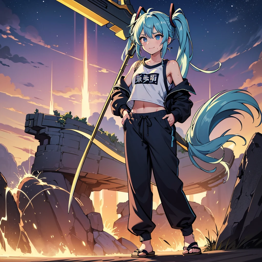 (absurderes、hight resolution、ultra-detailliert)、masterpiece、top-quality、Girl with a scythe、独奏、miku hatsune、Twin-tailed、blue eyess、ear piercinginely eye and detailed face、((Joggers、sweat pant、sandal))、Sickle design、Complex scythe、Fantasy scythe、evil smile、Dramatic skies、Isolated land、looking-down、spark of light、whirlpool、Um ser celestial、Full of elements