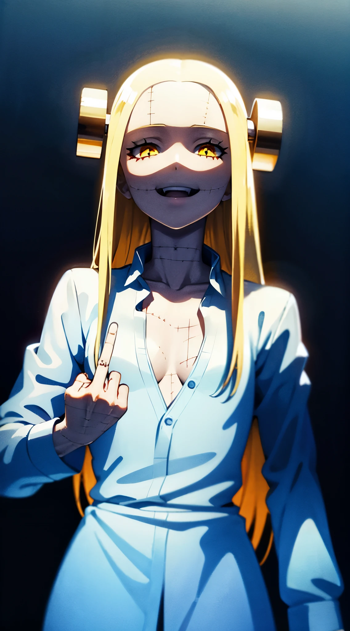 Fran,A  girl,white robe ,wrinkles,((shows the middle finger)),grimalkin, hairlong , yellow hair,seams , Scars on the body , A creepy look , scary eyes ,creepy smile ,