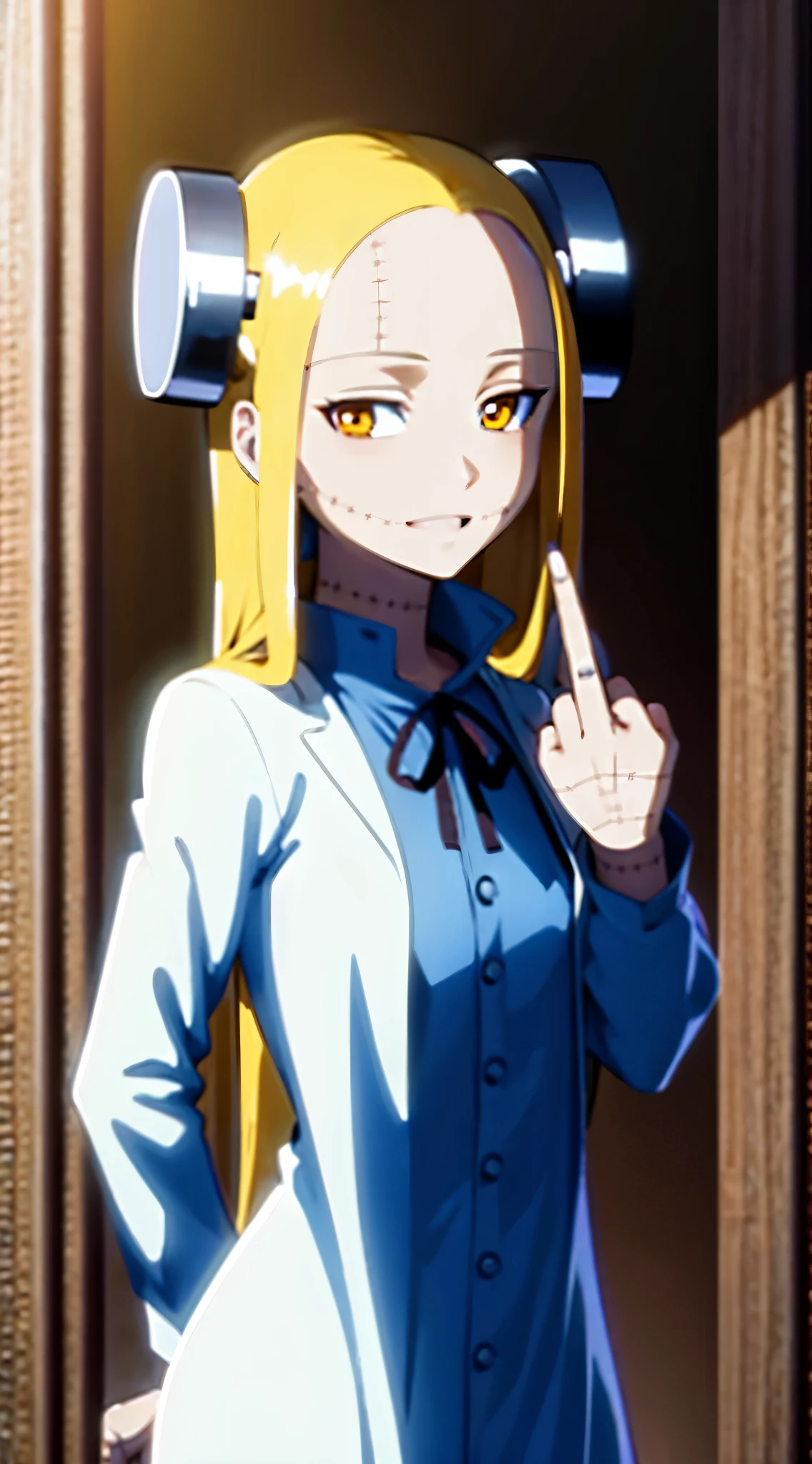 Fran,A  girl,white robe ,wrinkles,((shows the middle finger)),grimalkin, hairlong , yellow hair,seams , Scars on the body , A creepy look , scary eyes ,creepy smile ,