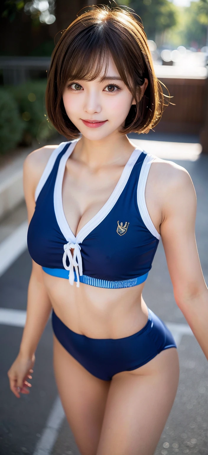 Spread legs, Shoot from below, pussy line, Cameltoe, Looking at the camera, sexy marathon uniform, A slender, Kissing face, idolface, Neat face, Blur the background, bob cuts, Colossal tits, 14years, Lori, A smile, masterpiece, top-quality, Raw photo, Photorealsitic, beautiful a girl, cute little, shorth hair, depth of fields, hight resolution, ultra-detailliert, finely detail, ighly detailed, extremely detailed eye and face, Sharp pupils, Cinematic lighting