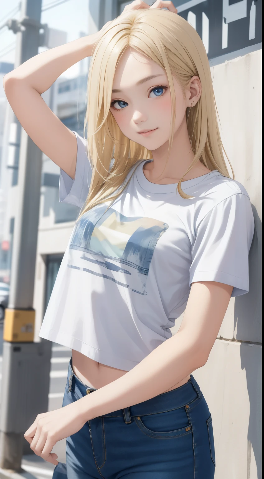 masterpiece、top-quality、hight resolution、soft blonde hair、tshirts、denim pant