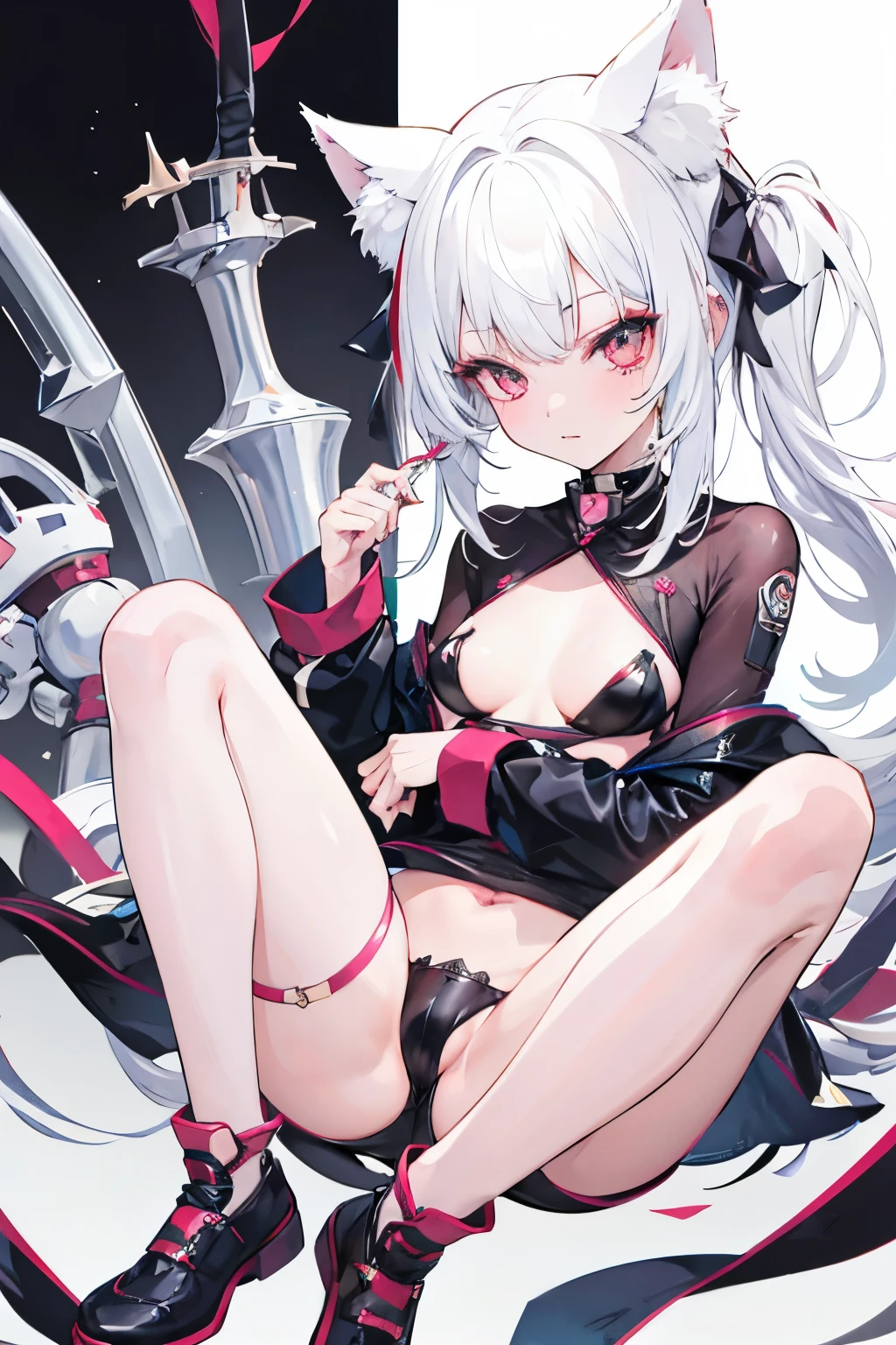 1 girl,white color hair,cat ear,Fork the legs,Color gas