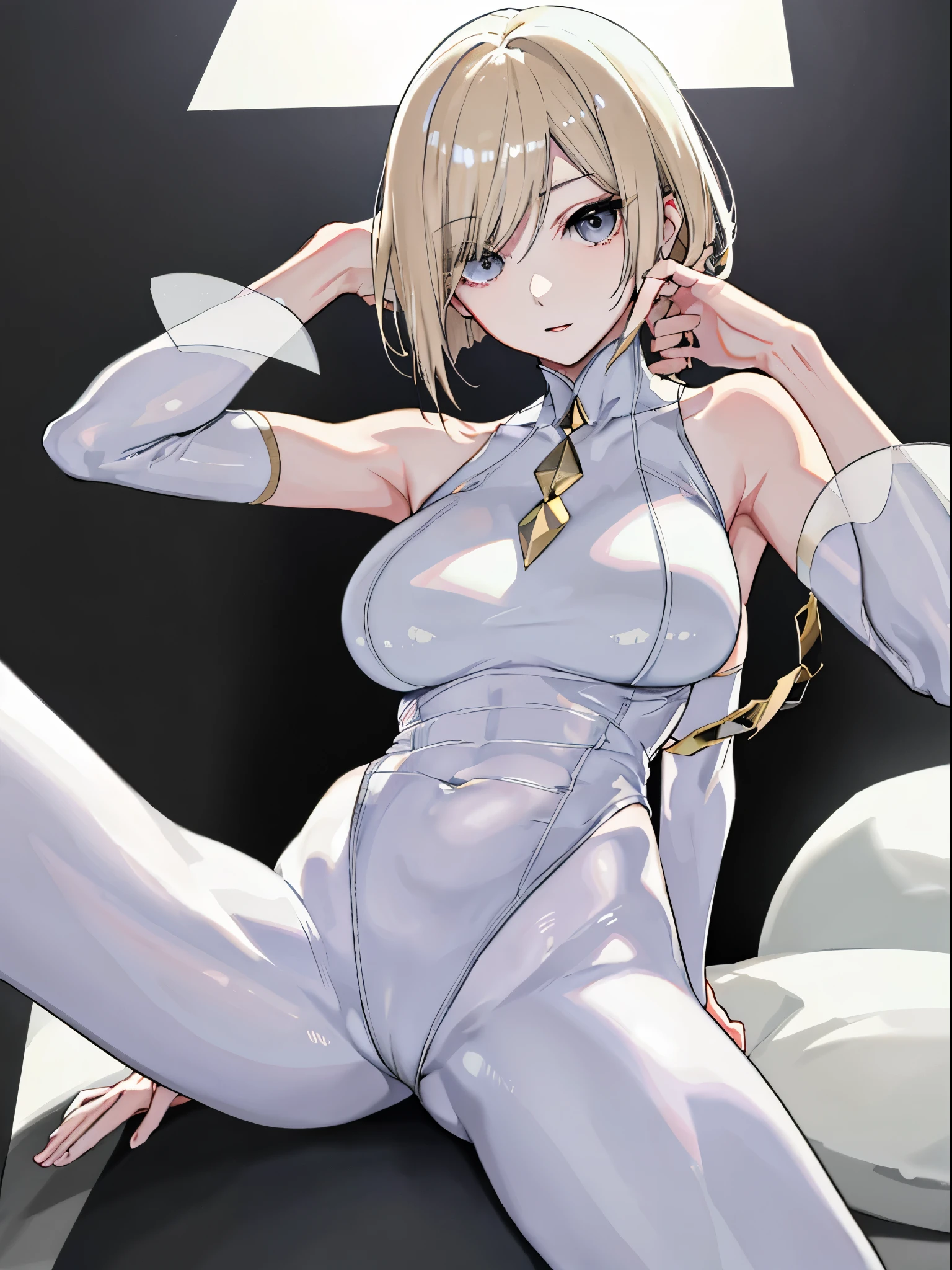 top-quality、realistic touch,high-detail、photoRealstic、thin-waist、captive beauty、solid platinum-blonde eyelashes、platinum-blonde、full body Esbian、cheeks flushed、thin-waist、In a white room、She is in estrus、Sleeveless、Bodysuit with minimal fabric area、Colossal tits、big butts、Angle from below、sexy pose、