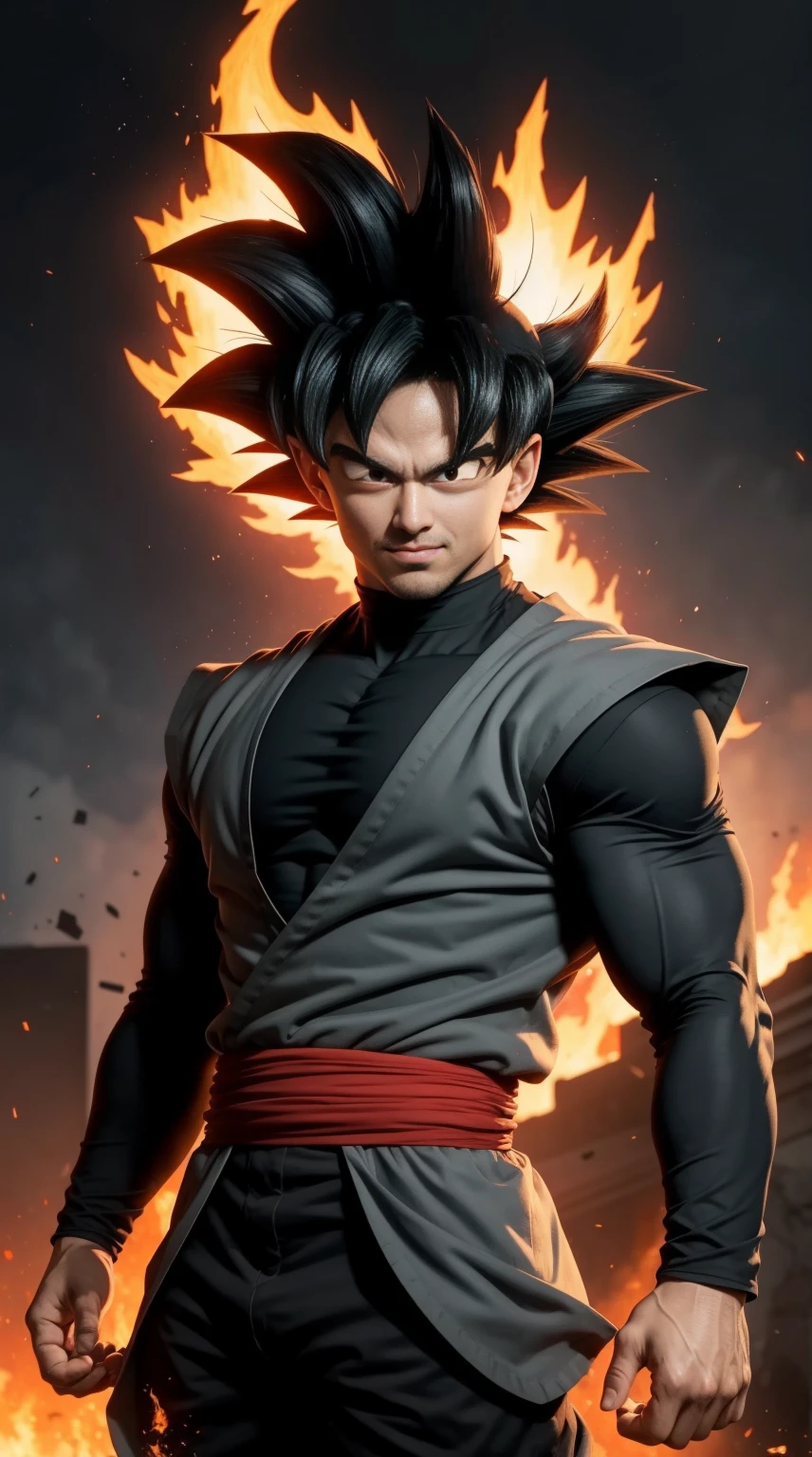 ((masterpiece, best quality)),(complex light), 1boy,solo,upper body, goku black,black hair,black eyes,  destroyed debris background,smirk, fire,