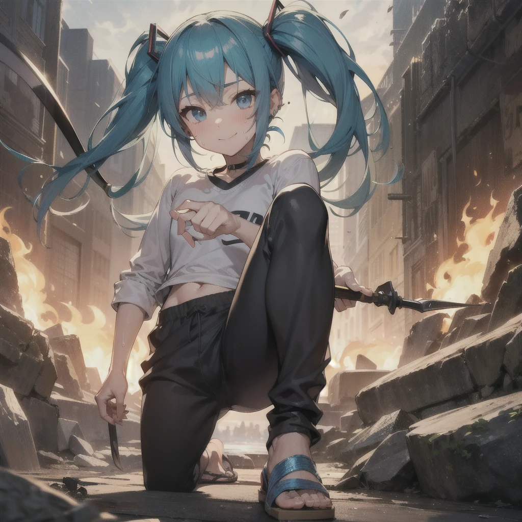 (absurderes、hight resolution、ultra-detailliert)、masterpiece、top-quality、Girl with a scythe、独奏、miku hatsune、Twin-tailed、blue eyess、ear piercinginely eye and detailed face、((Joggers、sweat pant、sandal))、Sickle design、Complex scythe、Fantasy scythe、evil smile、Dramatic skies、Isolated land、looking-down、spark of light、whirlpool、Um ser celestial、Full of elements