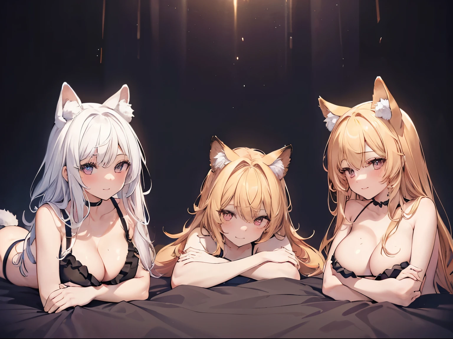 ((((three girls)))), light hair color, lewd smile, (animal girls), (animal ears), (animal tail), ((glamour bodys)), ((frill black bikini swimwear)), (((gravure pose))), (((lotion play))), bedroom, on the bed, (darkened room), (swet), (wet skin), ((erotic)), ((sensual)), (Wall in background), (simple background), ((Close-up of a girls)), warm color scheme, Extremely exquisite body, beautiful detailed glow, cinematic lighting, 4K illustration, masterpiece, best quality, by top artist, by famous artist, by plo artist