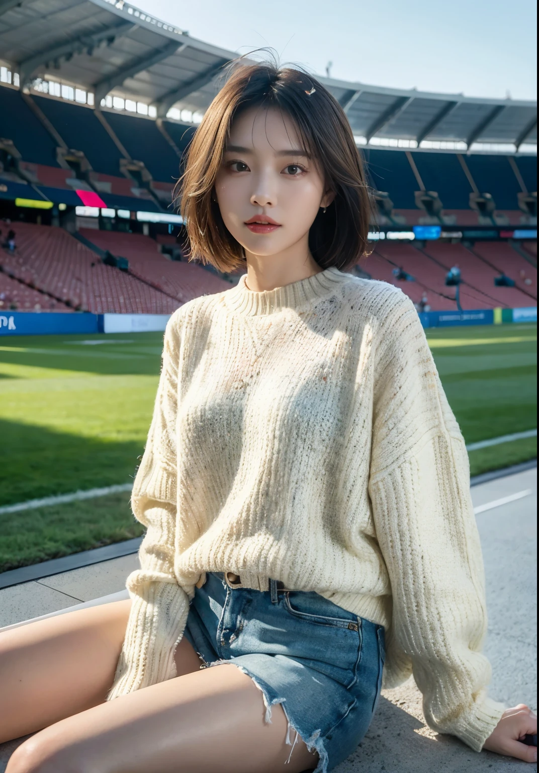 masterpiece), top-quality, 超A high resolution,4k,8k,1girl in ,shorth hair, 电影灯光, Photorealsitic, real looking skin, HDR,Beautiful woman,Watching Sports,Football matches,Stadium,Sweaters,