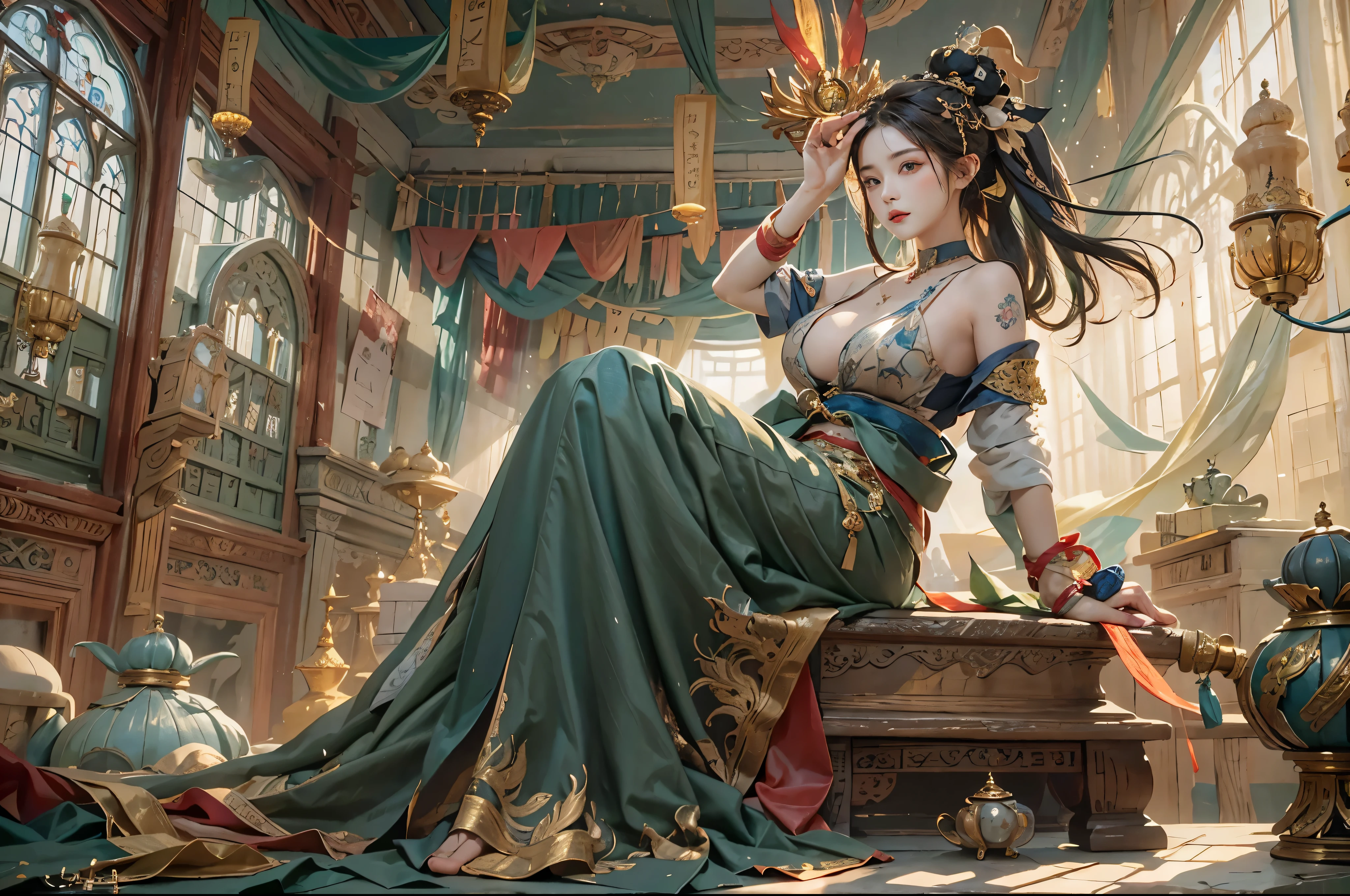 realistically, A high resolution, 1人の女性, gigantic LOP breasts，LOP，titmouse，Alone, butt lift, view the viewer, (Detailed faces), dunhuang_a skirt, jewely, Tattoos are