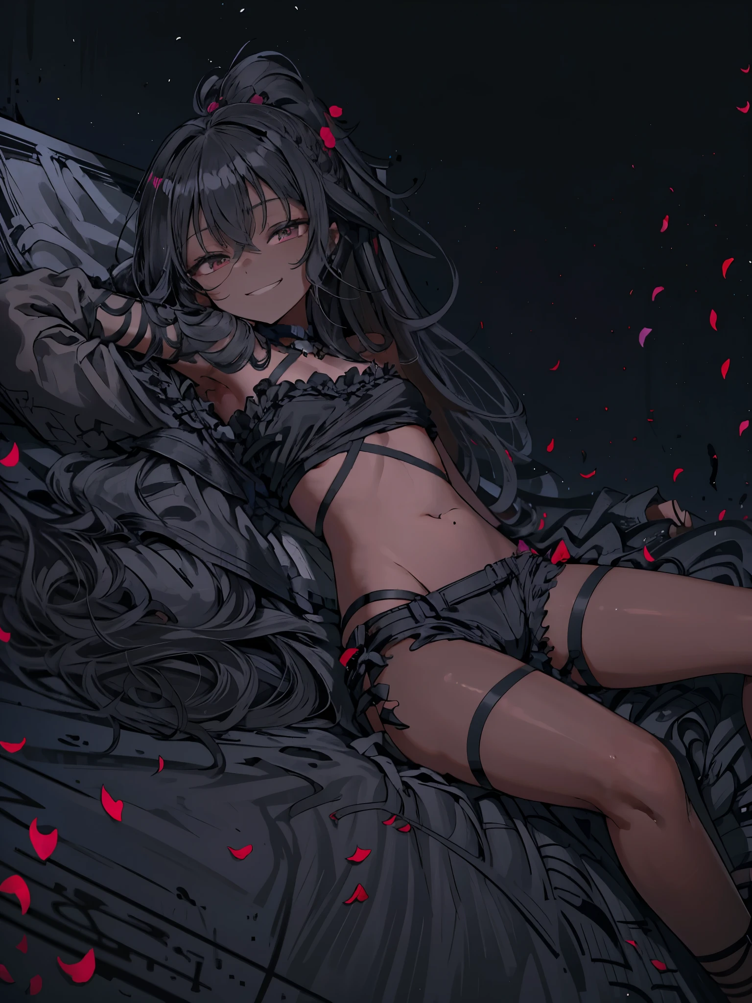 1girl in,Pretty girl ,skin tanned,Dark eyes,Wavy Hair,Black hair,little girl r back on the bed,Rose petals,spread legs wide,very messy long hair,Black tube top,Black Hot Pants,,smily face, grin,,,,,,