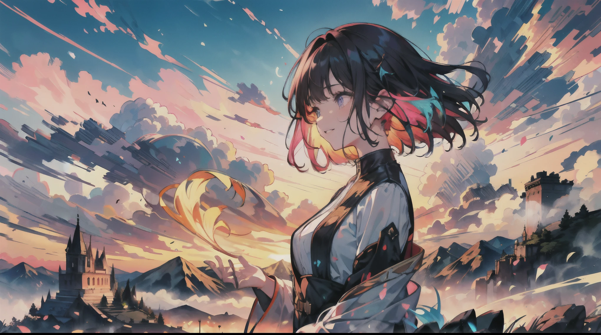 A beautiful sunrise over the mountains, with a mesmerizing sea of clouds extending towards the distant city. The vibrant colors of the sky paint the scene with a breathtaking palette of oranges, pinks, and purples. The mountains stand tall and majestic, their peaks covered in a delicate mist.
In the foreground, a girl and a boy are standing hand in hand, gazing at the picturesque landscape before them. The girl has flowing hair that dances in the wind, her eyes reflecting the warm hues of the rising sun. Her delicate lips curve into a gentle smile, radiating a sense of tranquility and happiness. The boy, equally captivated by the scenery, wears an expression of awe and admiration.
The artwork is rendered in the style of a digital painting, combining the realism of a photograph with the artistic touch of a skilled illustrator. The level of detail is astonishing, with every brushstroke and texture meticulously crafted. The image is of the highest quality, with a resolution of 8K, allowing every tiny detail to be displayed in stunning clarity.
The lighting in the image is soft and warm, casting a golden glow across the landscape. The sun, still low on the horizon, creates long shadows that add depth and dimension to the scene. The overall atmosphere is one of romance and serenity, evoking a sense of peace and harmony.
For colors, the scene is imbued with warm tones, with shades of orange, pink, and purple dominating the sky. The mountains are painted in earthy hues, ranging from deep browns to soft greens. The clouds that envelop the landscape are ethereal, with a hint of iridescence that catches the light. The distant cityscape is bathed in the warm colors of the sunrise, with the outlines of buildings and landmarks visible against the horizon.
This masterpiece of art captures the beauty and serenity of a sunrise in the mountains, creating a scene that is both visually stunning and emotionally evocative. The image is a true work of art, bringing together the elements of nature, human emotion, and artistic craftsmanship in perfect harmony.