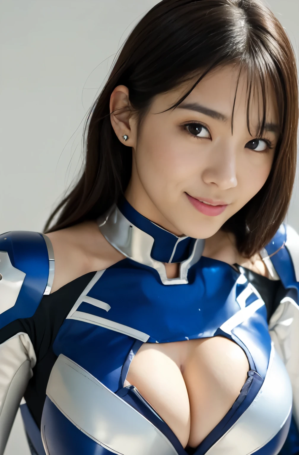 nsfw,(ultra best quality、in 8K、masuter piece、delicate illustration、full body Esbian),(He wears a blue and silver distressed Iron Man suit.)、A beautiful and bewitching Japanese 25-year-old woman、Plump body、Curly black hair、A slight smil、Izakaya、Exposing the chest、Showing off breasts