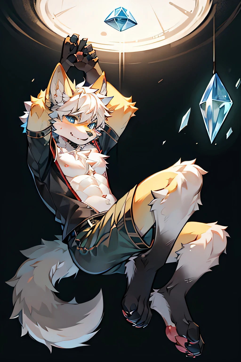 （tmasterpiece：1.2），（Anatomical correct：1.1），（high high quality：1.5），（（（solo male personification）））shaggy_Shapeshifting wolf Fusona，1 Dog boy，Yellow fur，crystal blue eyes，yellow claw，Yellow feet，canine hands，（Detailed dog legs：1.2），Black beans，Detail beans，（（1 wolf boy）），[digitial painting\（a work of art）：：：0.8]Canine feet，（lines of movement：1.1），单shaggy尾巴，[aquarelle（a work of art）：0.6]，White hair，Short hair details，grey shorts