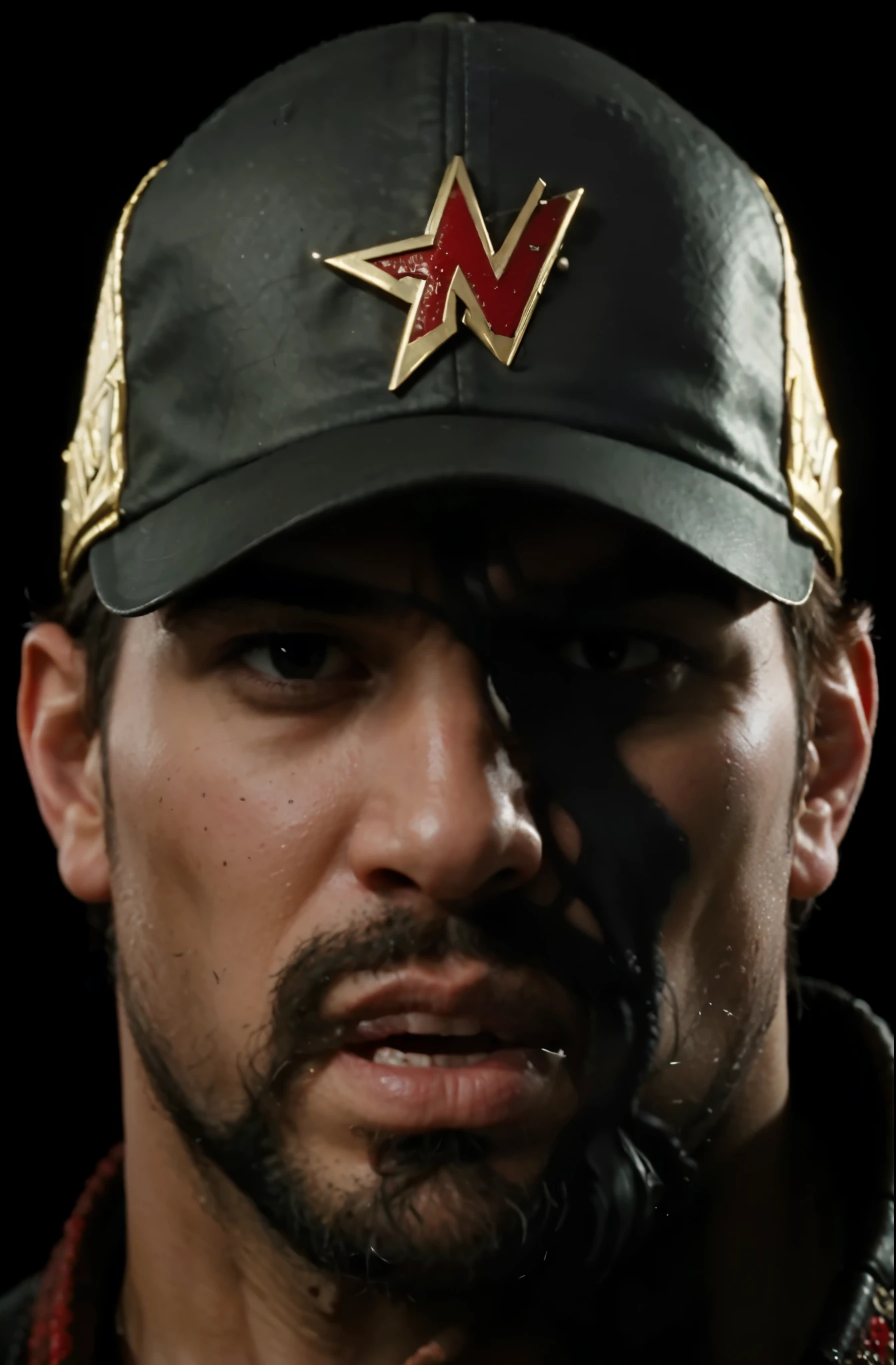 (masterpiece),(best quality:1.0),(ultra high resolution:1.0), Jax, mortal kombat, beard , cap forward, bad face,menacing look, closeup, detailed, face focus, 8k wallpaper