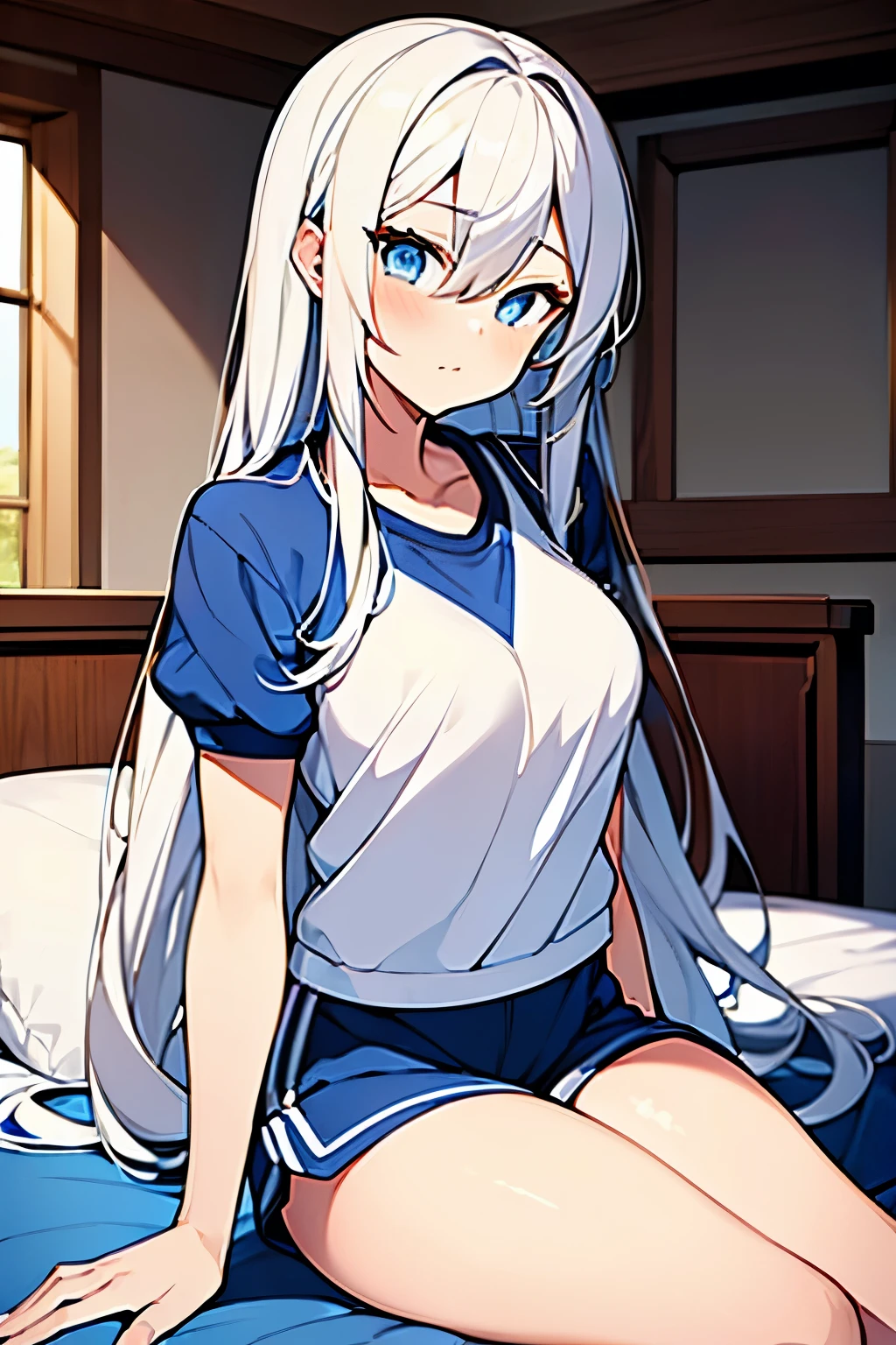 ((masterpiece,high detailed)),(1girl),white hair,long hair,blue eyes,cute,beautiful,deep-blue gym uniform, short shorts,sitting on a bed.