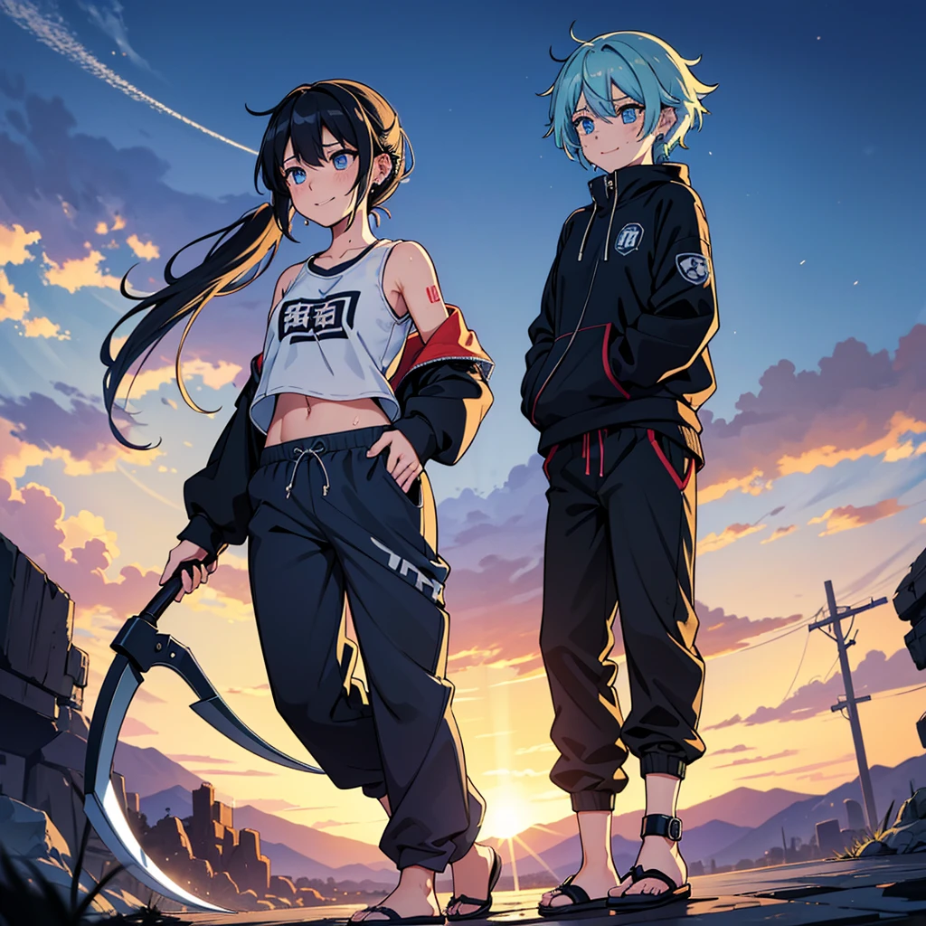 (absurderes、hight resolution、ultra-detailliert)、masterpiece、top-quality、Girl with a scythe、独奏、miku hatsune、Twin-tailed、blue eyess、ear piercinginely eye and detailed face、((Joggers、sweat pant、sandal))、Sickle design、Complex scythe、Fantasy scythe、evil smile、Dramatic skies、Isolated land、looking-down、spark of light、whirlpool、Um ser celestial、Full of elements