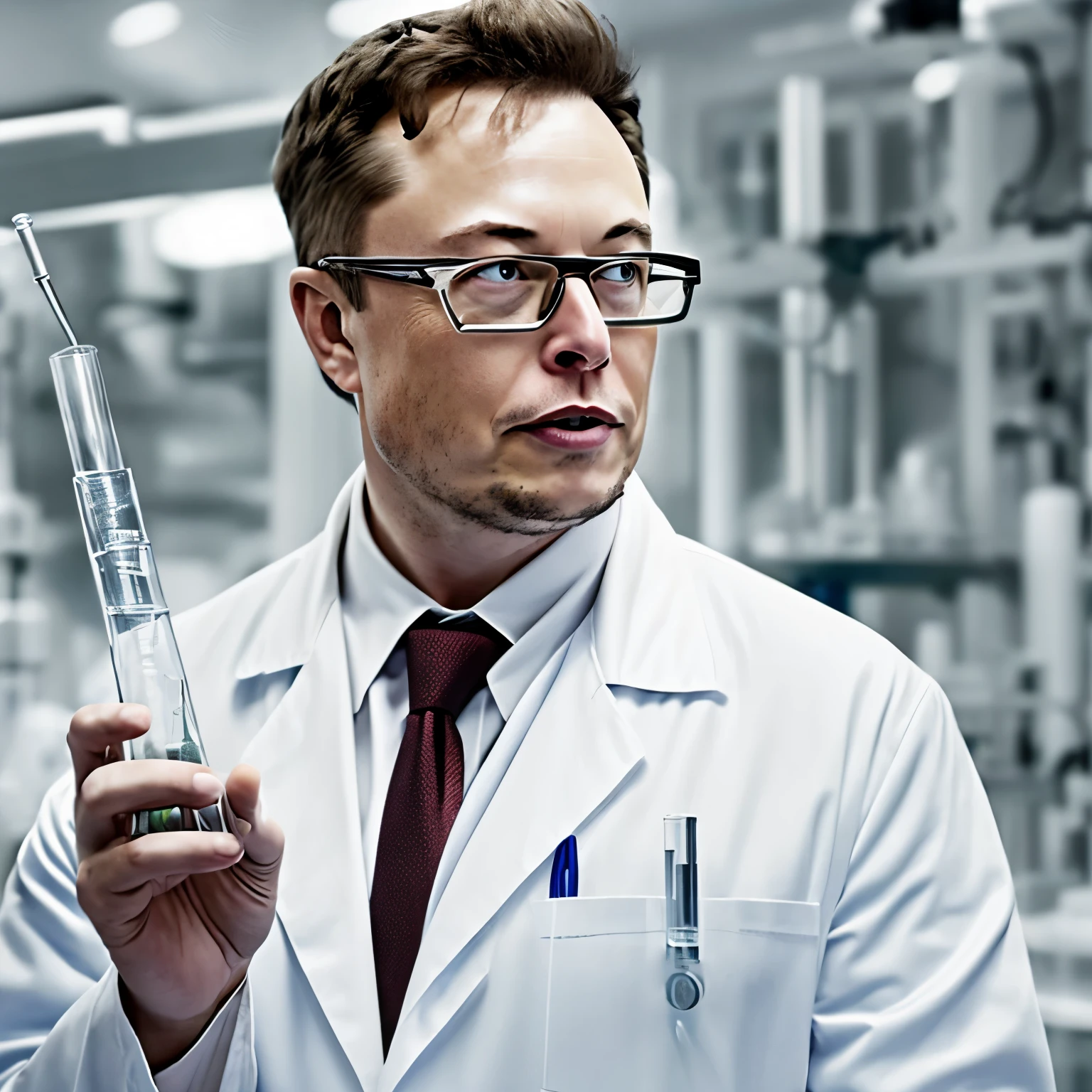 side view of elon musk as a serious scientist, holding a test tube, lab coat, glasses, realistic