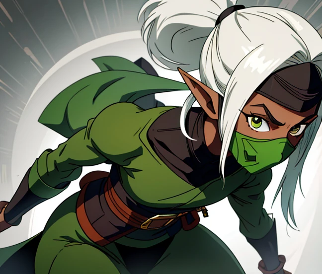 Female elf, dark brown skin, 20-years-old, ninja attire, green mouth mask, long white hair tied in a ponytail.