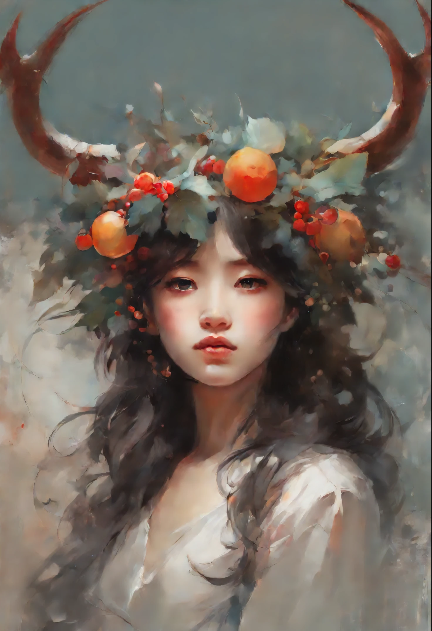 painting of a young girl with horns and a wreath of berries, jinyoung shin art, beautiful character painting, artwork in the style of guweiz, guweiz masterpiece, guweiz, Zhang Han, Li Song, Ye Xin, Yang J, by Zeng Jing, Wuzhong Shifan, In the style of Anna Dittmann