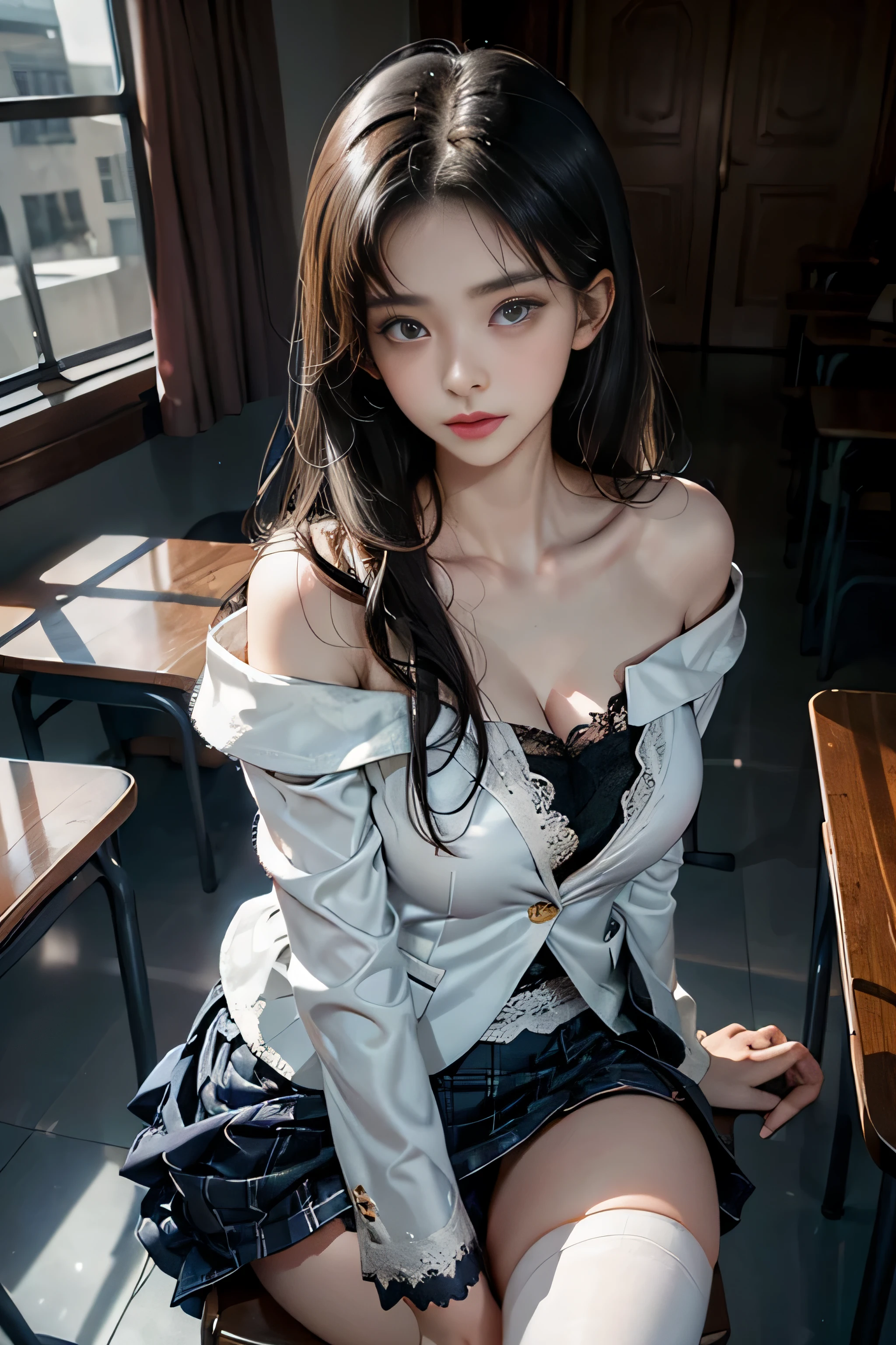 ( female student sitting in the classroom),Charming eyes,Heartwarming action,Turn your face away from the camera,stooped,Bend over,turn back,Look up at your head,thick and long black hair,Highly detailed body,Highly detailed face,best qualtiy、(breasts of medium size,),(High School Girls),((off shoulder white blazer、emblem on breasts))、(off shoulder translucent blouse)),,((navy check flare skirt)),(Black stockings)、((Open legs)),((showing white lace underwear))