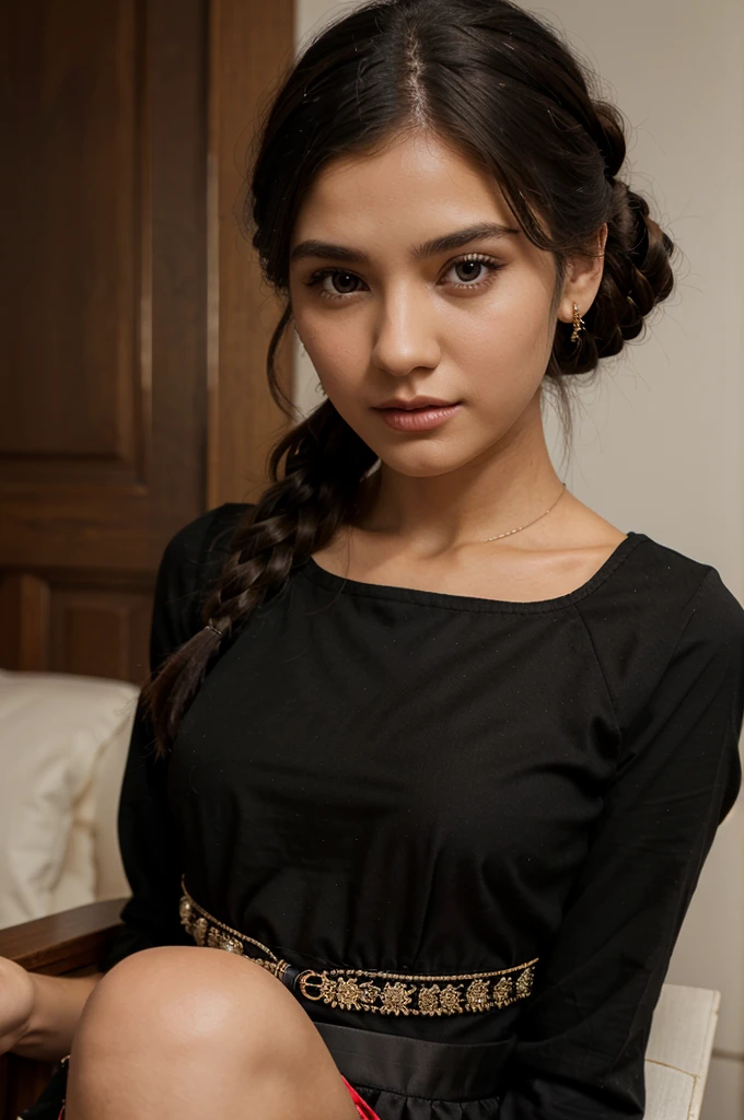 girl wearing stylish black top and traditional dresses accessorized perfectly, photo-realistic, super detail