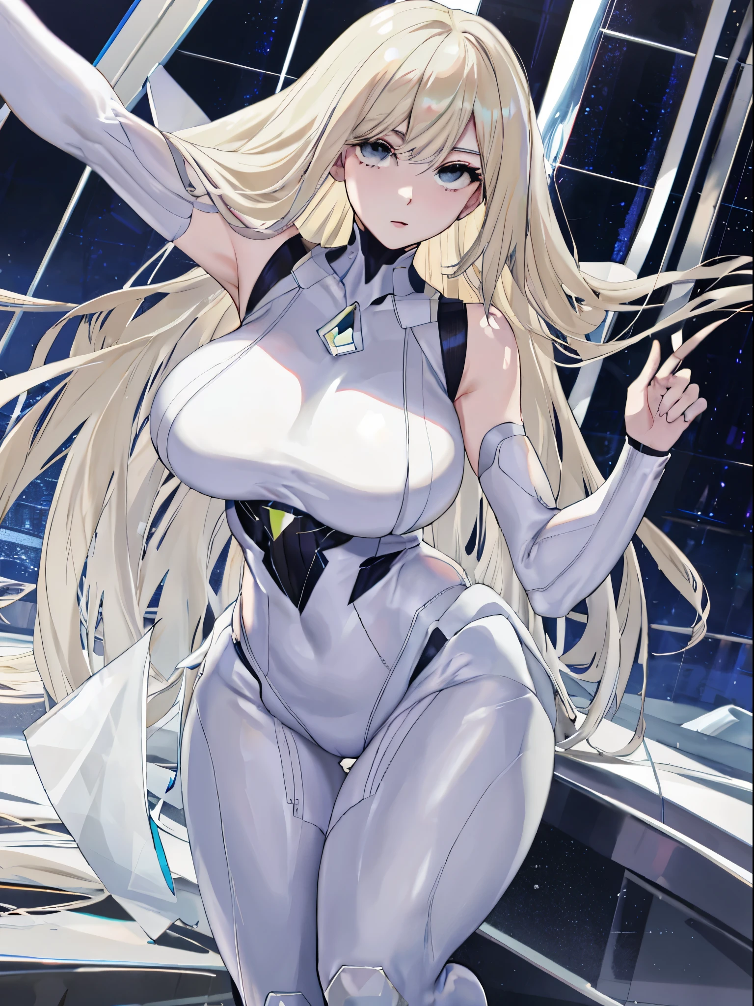 top-quality、realistic touch,high-detail、photoRealstic、thin-waist、captive beauty、solid platinum-blonde eyelashes、platinum-blonde、full body Esbian、cheeks flushed、thin-waist、In a white room、She is in estrus、Sleeveless、Bodysuit with minimal fabric area、Colossal tits、big butts、Angle from below、sexy  pose、