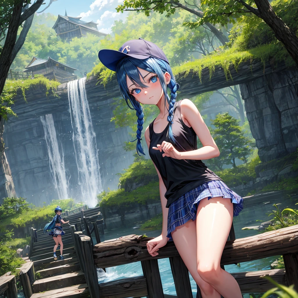 Blue hair、blue eyess、Braids、one good looking girl、独奏、animesque、Plaid miniskirt、Black T-shirt、camisole、the woods、Wearing a plaid baseball cap、bare-legged、Tilting your face、Walking、Crossing a log bridge while keeping balance、Doing the ribbon、have a twig、climbing the wooden stairs、falls、Blue Topaz、evening glow
