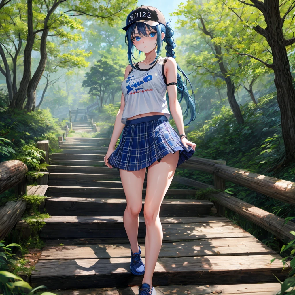 Blue hair、blue eyess、Braids、one good looking girl、独奏、animesque、Plaid miniskirt、Black T-shirt、camisole、the woods、Wearing a plaid baseball cap、bare-legged、Tilting your face、Walking、Crossing a log bridge while keeping balance、Doing the ribbon、have a twig、climbing the wooden stairs、falls、Blue Topaz、evening glow