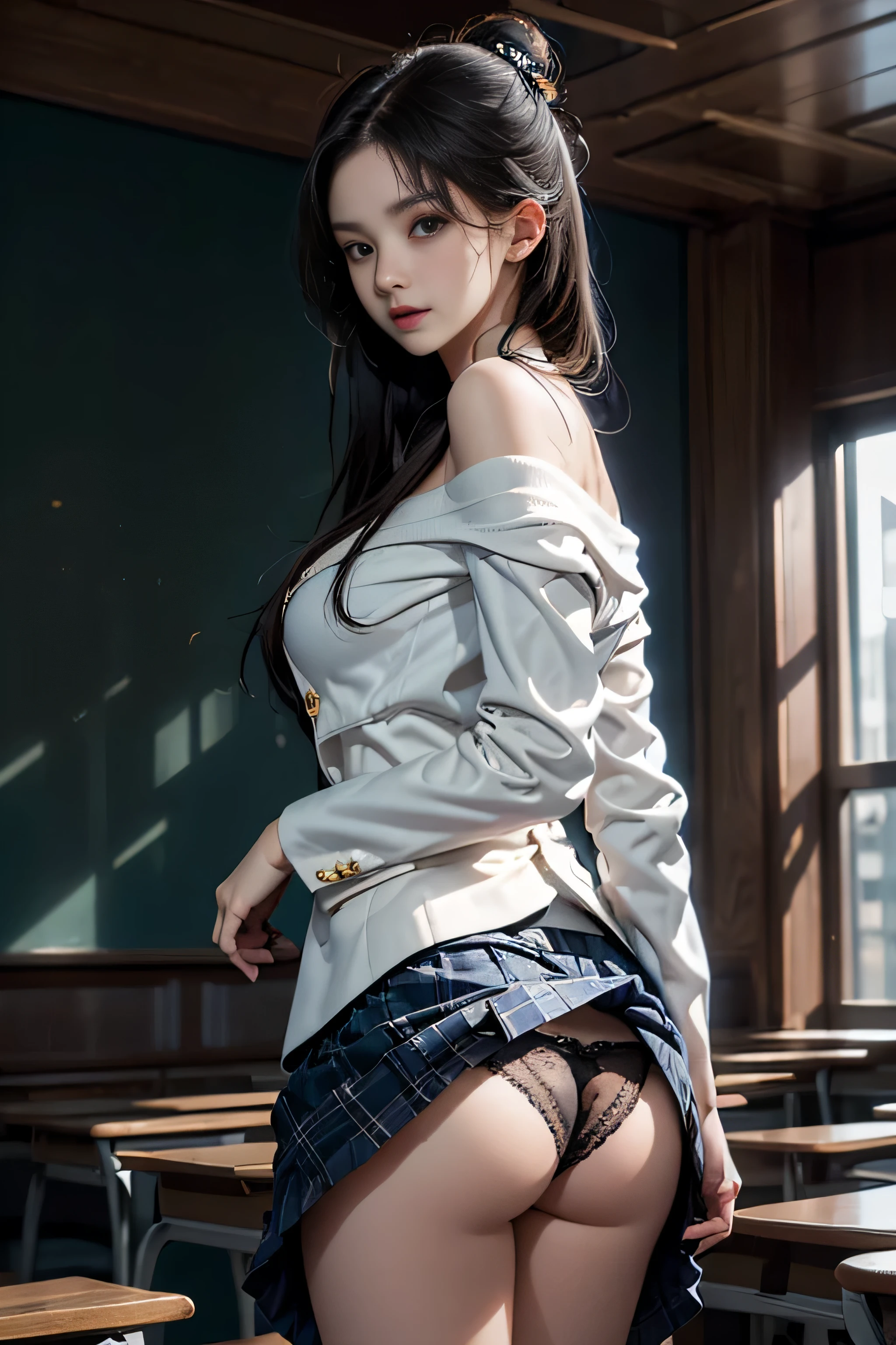 ( Female student standing in the classroom)，(posterior view),(Looks Back、)Charming eyes，Heartwarming action，Turn your face away from the camera，stooped，Bend over，turn back，Look up at your head，thick and long black hair，Highly detailed body，Highly detailed face，best qualtiy、(breasts of medium size,),(High School Girls),((off shoulder white blazer、emblem on breasts))、(off shoulder translucent blouse)),,((navy check flare skirt)),(Black stockings)、((Open legs)),((showing white lace underwear))