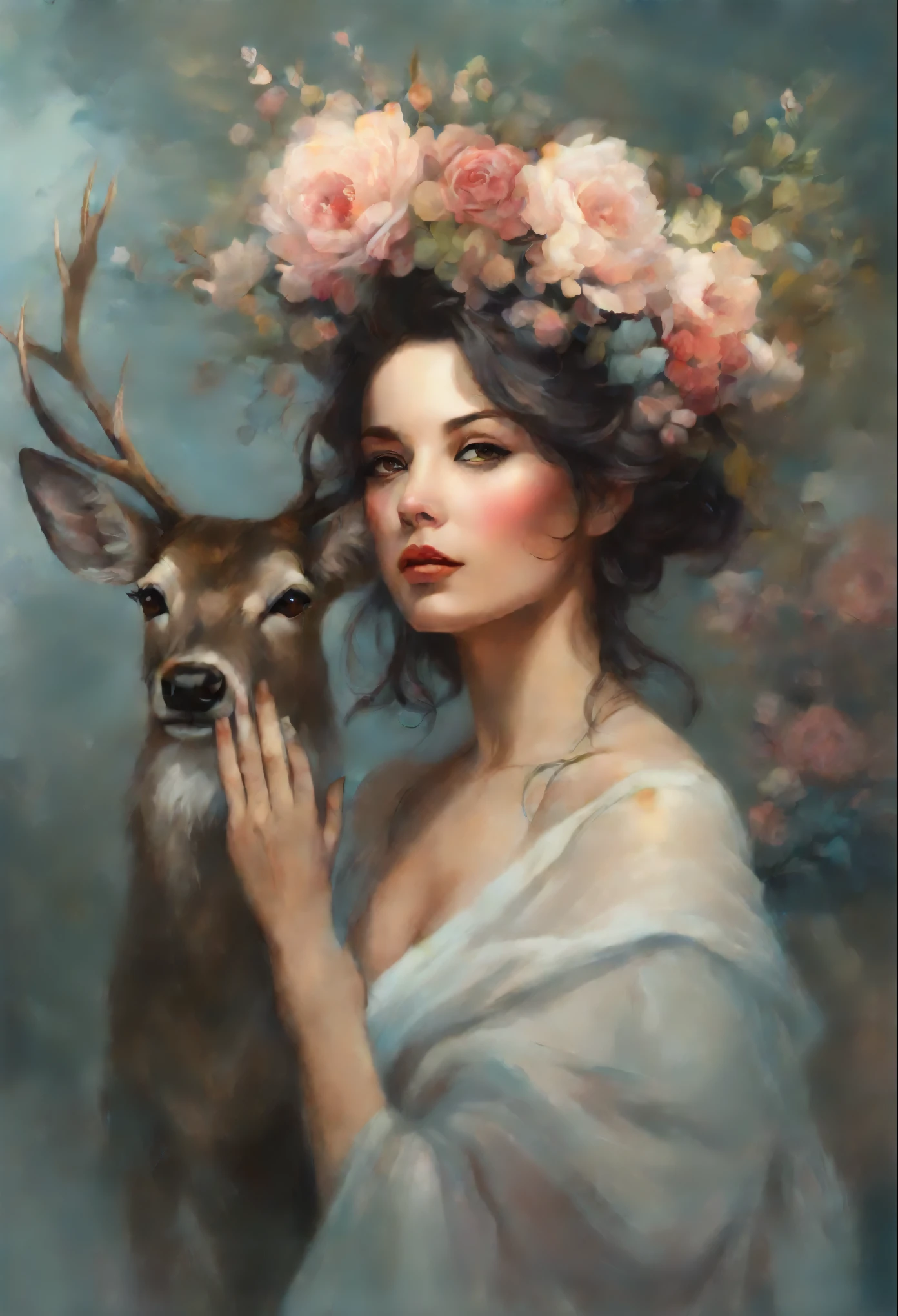 painting of a woman with a deer and a flower crown, magali villeneuve', In the style of Anna Dittmann, magali villeneuve and monet, beautiful character painting, Heather Theurer, Ghibli Tom Bagshaw, artwork in the style of guweiz, Adi Granov, jinyoung shin art, Ye Xin, Annie Stegg Gerard