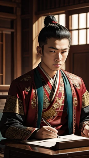 oriental、man in ancient chinese clothes、ancient chinese hairstyle man、three kingdom、multiple warlords、top-quality、masterpiece、超A high resolution、(Photorealsitic:1.4)、Game Posters、man writing、Inside the building、Working