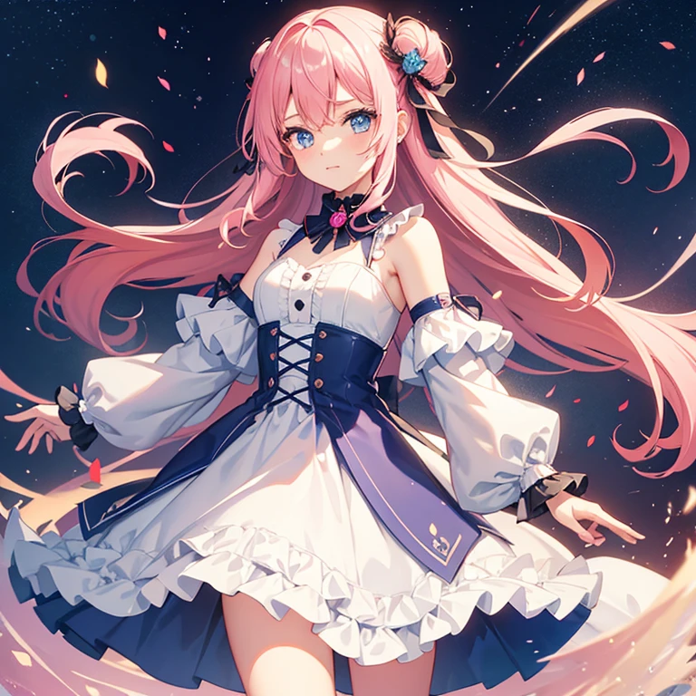 Anime 1girl time travel power she have, blue eyes age15 future time travel no sus dress 4k HD ultra, add time travel backguard add pink hair and make har little sad