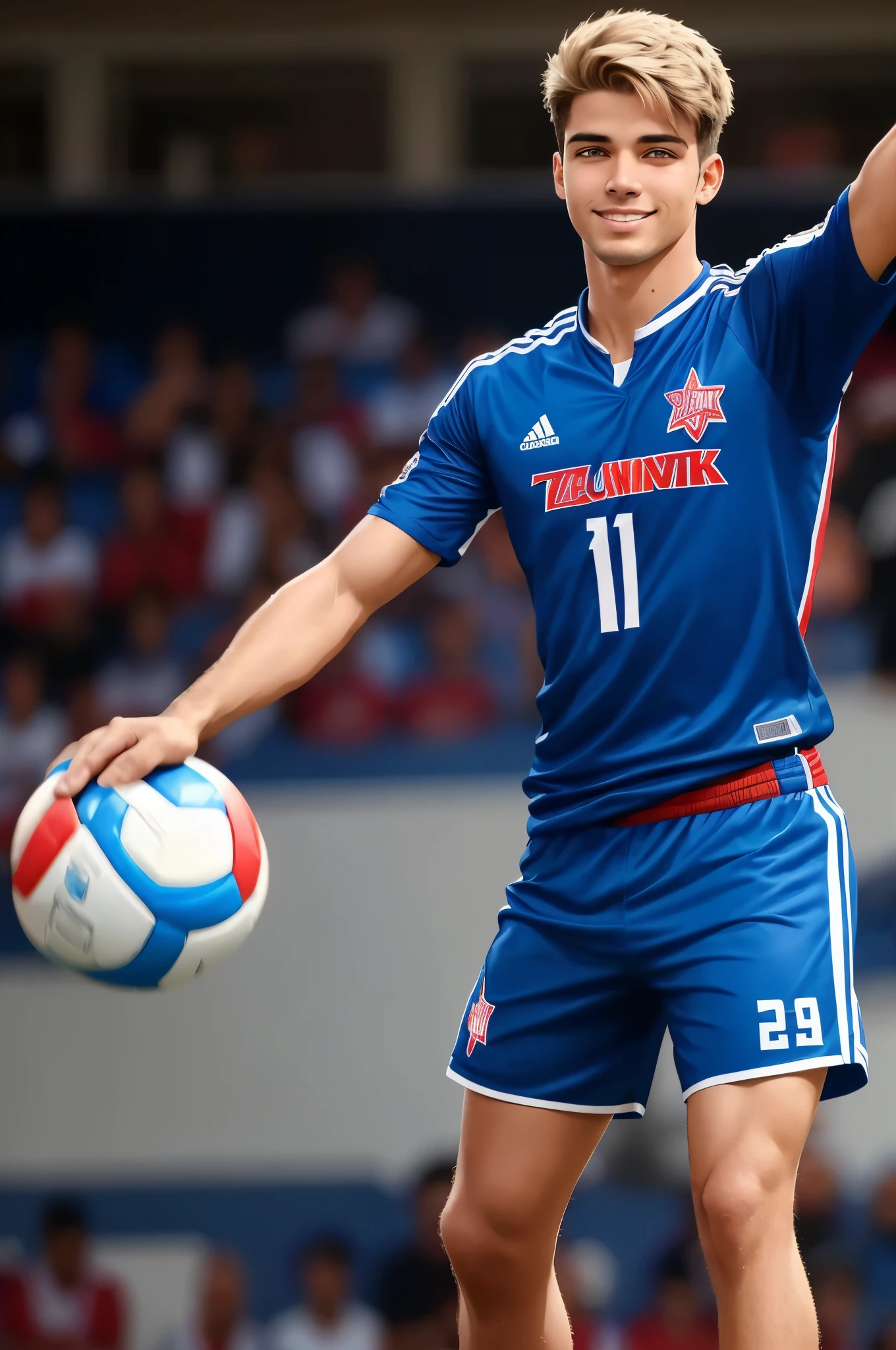"Gere o desenho de um jovem americano de 25 anos e pele clara, Olhos claros, e cabelos claros. He is athletic, with a healthy and beautiful appearance. This young man is portrayed smiling in a friendly manner and with positive energy. Vista-o com um uniforme de futebol moderno, suggesting he is passionate about this sport. The pose should emphasize your confidence and enthusiasm for the game. Make sure the drawing highlights your facial features and captures your happy expression."