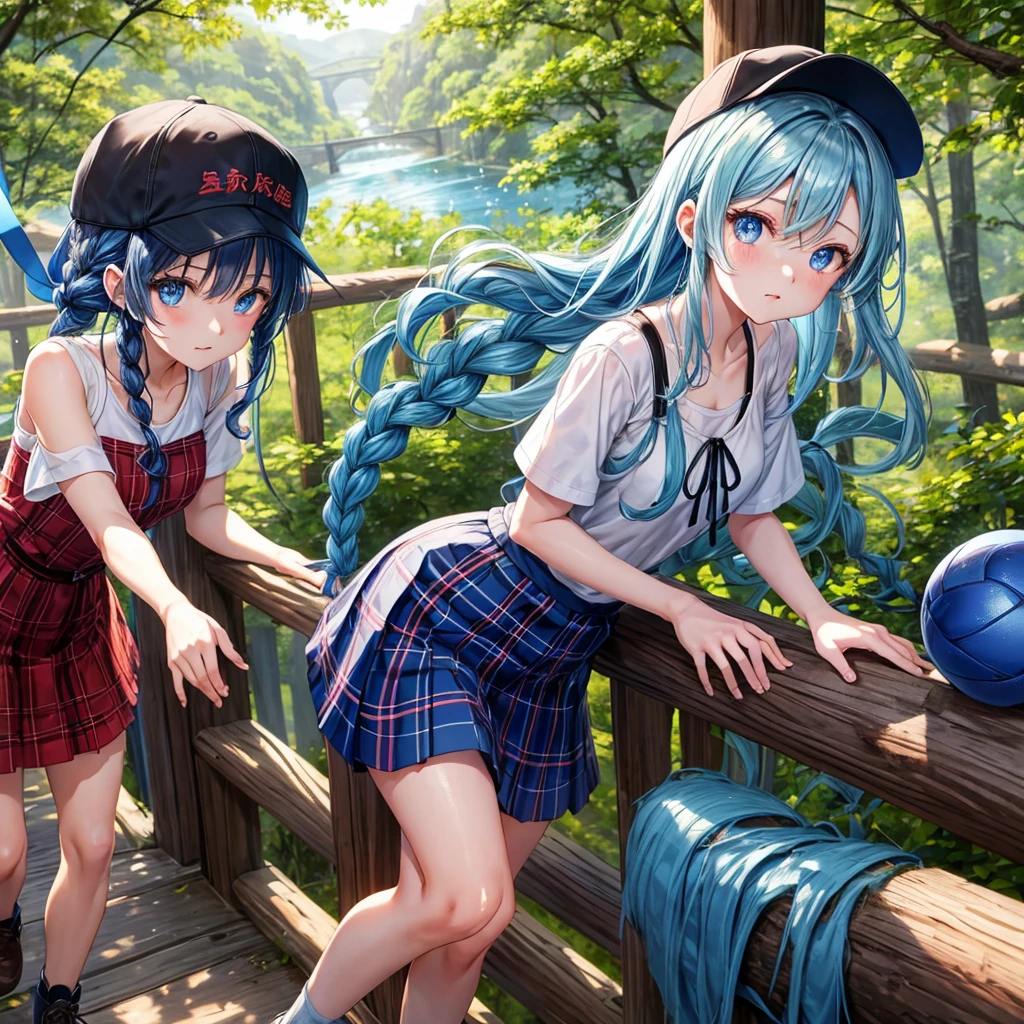 Blue hair、blue eyess、Braids、one good looking girl、独奏、animesque、Plaid miniskirt、Black T-shirt、camisole、the woods、Wearing a plaid baseball cap、bare-legged、Tilting your face、Walking、Crossing a log bridge while keeping balance、Doing the ribbon、have a twig、climbing the wooden stairs、falls、Blue Topaz、evening glow,