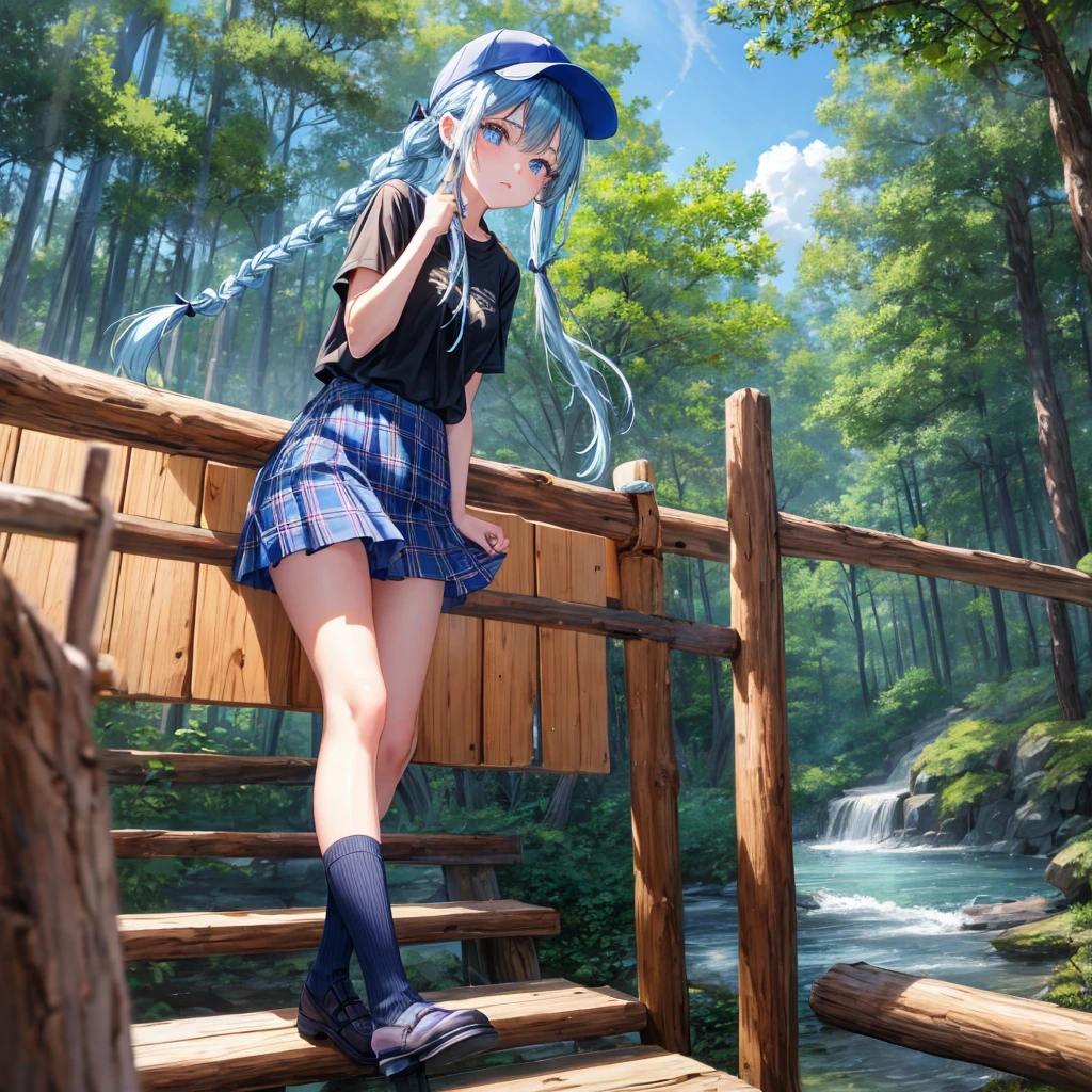 Blue hair、blue eyess、Braids、one good looking girl、独奏、animesque、Plaid miniskirt、Black T-shirt、camisole、the woods、Wearing a plaid baseball cap、bare-legged、Tilting your face、Walking、Crossing a log bridge while keeping balance、Doing the ribbon、have a twig、climbing the wooden stairs、falls、Blue Topaz、evening glow,