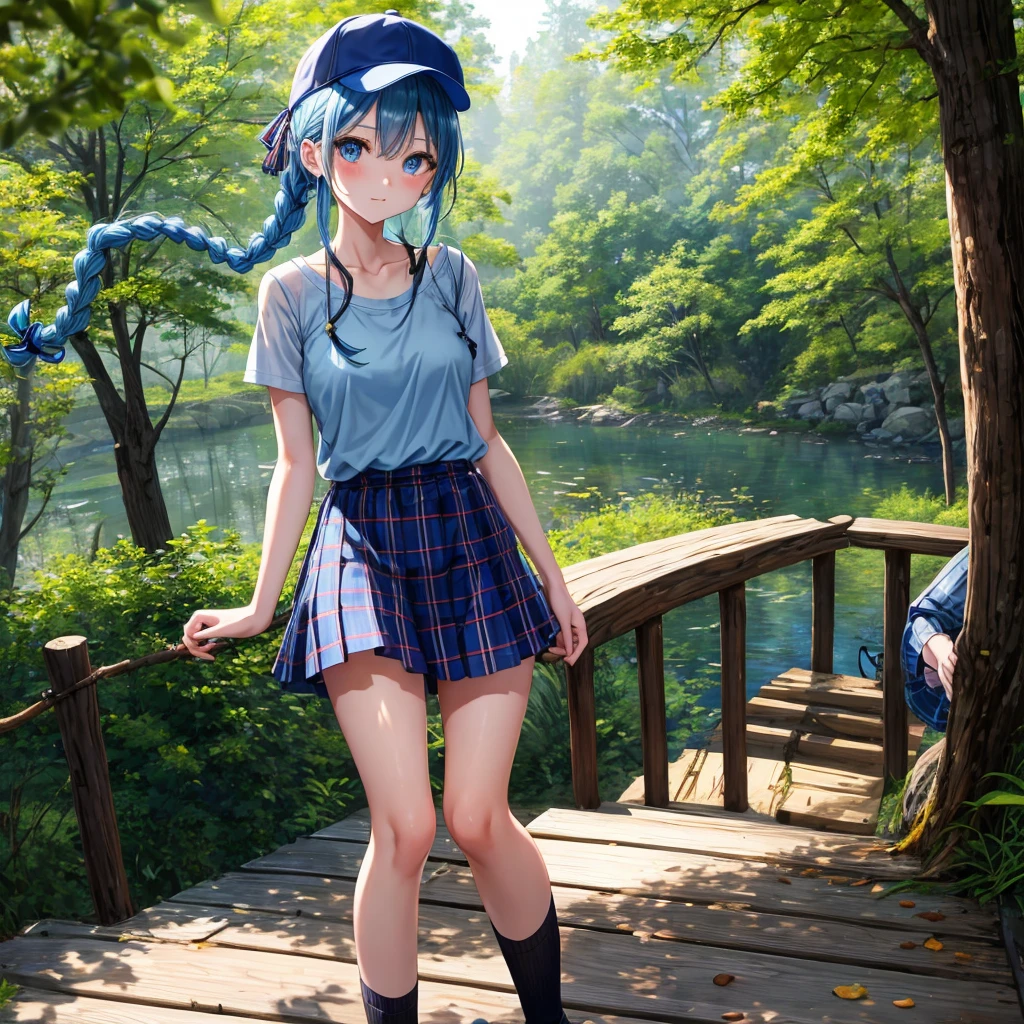 Blue hair、blue eyess、Braids、one good looking girl、独奏、animesque、Plaid miniskirt、Black T-shirt、camisole、the woods、Wearing a plaid baseball cap、bare-legged、Tilting your face、Walking、Crossing a log bridge while keeping balance、Doing the ribbon、have a twig、climbing the wooden stairs、falls、Blue Topaz、evening glow,