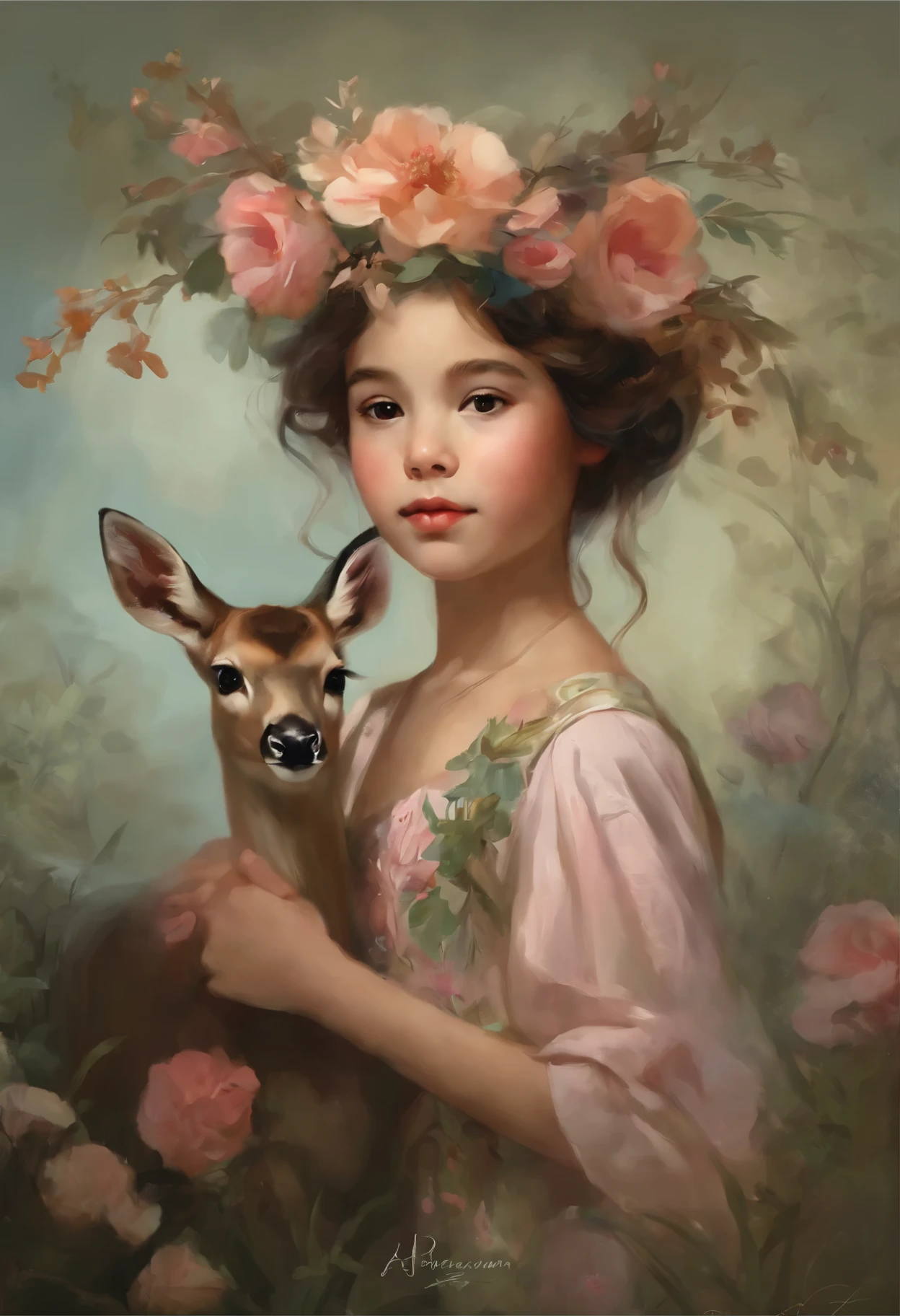 painting of a  girl in a flower dress with a deer and a flower crown, magali villeneuve', In the style of Anna Dittmann, magali villeneuve and monet, beautiful character painting, Heather Theurer, Ghibli Tom Bagshaw, artwork in the style of guweiz, Adi Granov, jinyoung shin art, Ye Xin, Annie Stegg Gerard